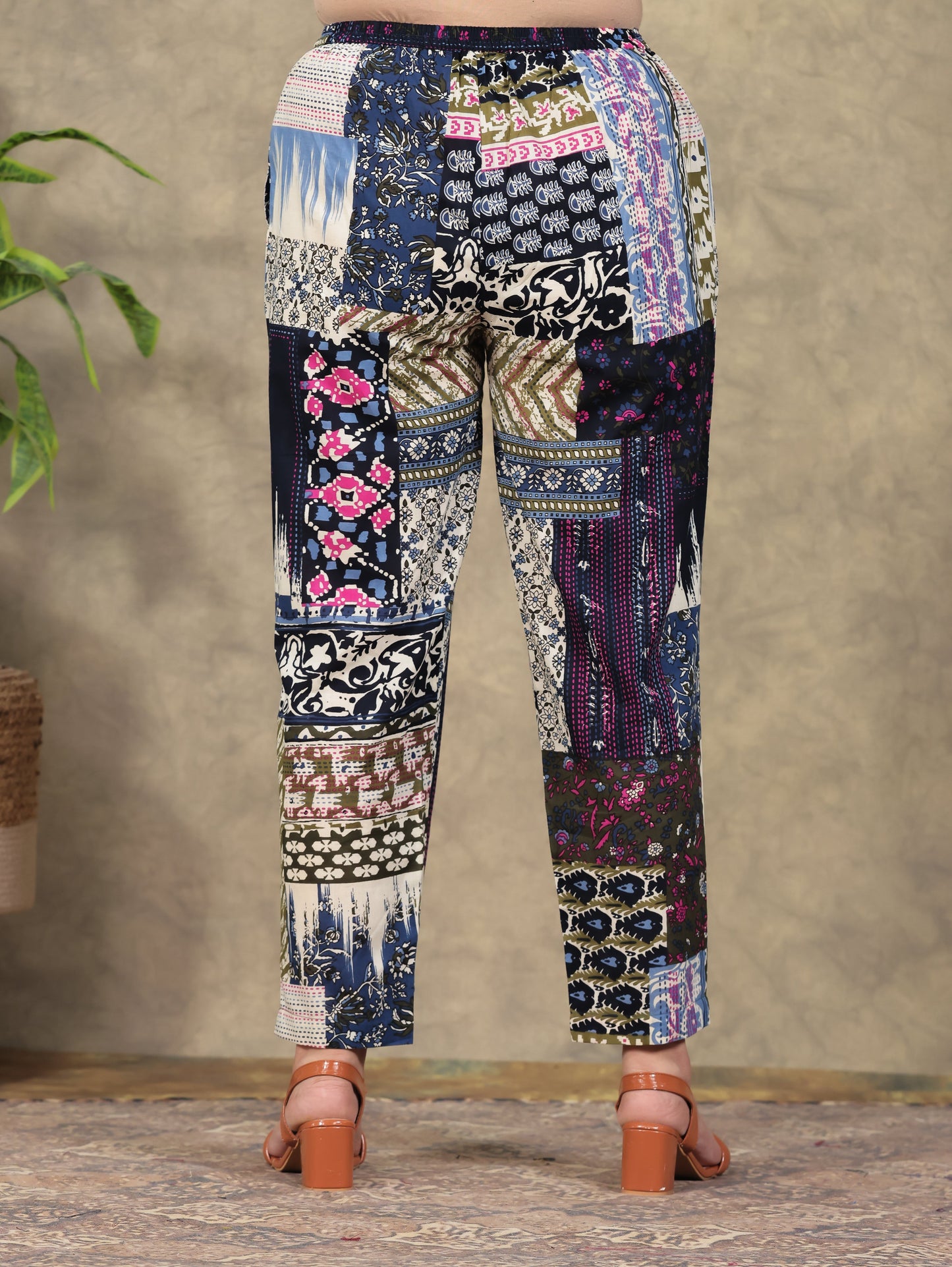 Soft Cotton Patchwork Blue Tapered Trousers