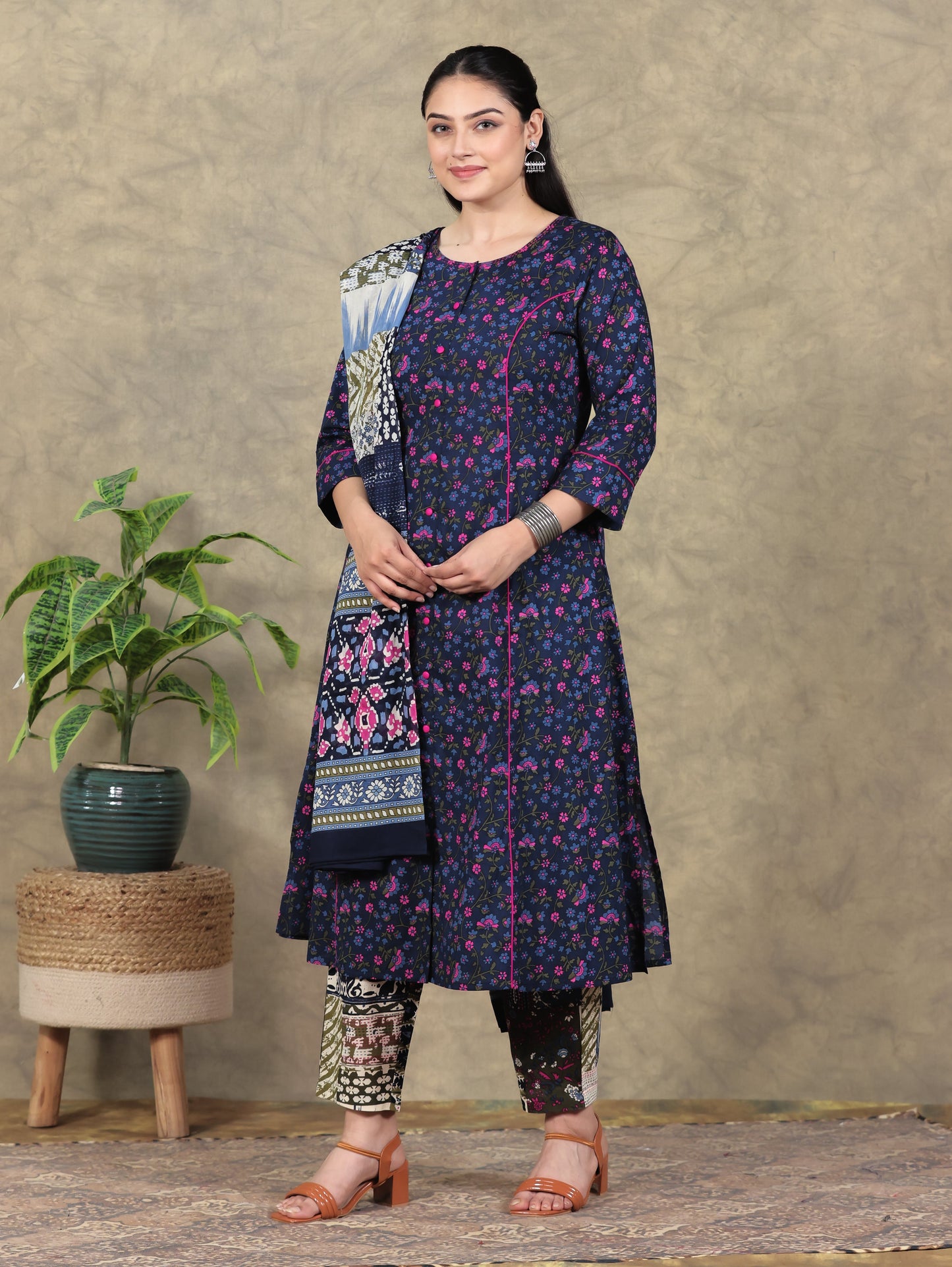 Soft Cotton Floral Straight Blue Kurta