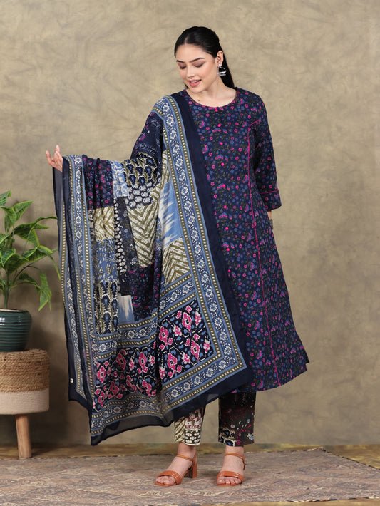 Soft Cotton Floral Straight Blue Kurta