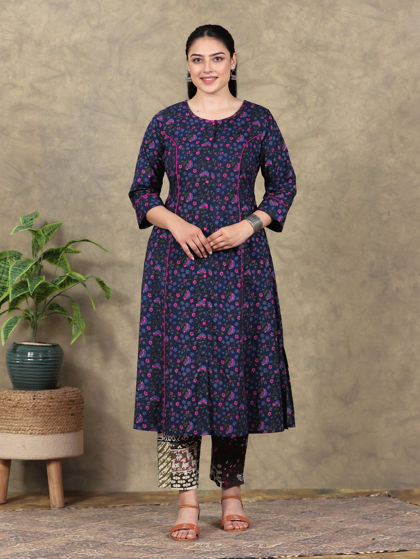 Soft Cotton Floral Straight Blue Kurta