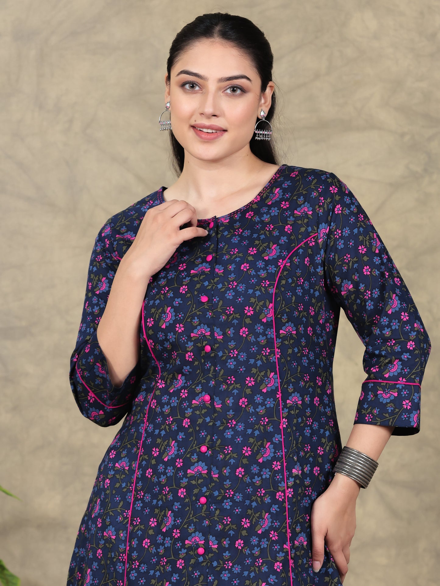 Soft Cotton Floral Straight Blue Kurta