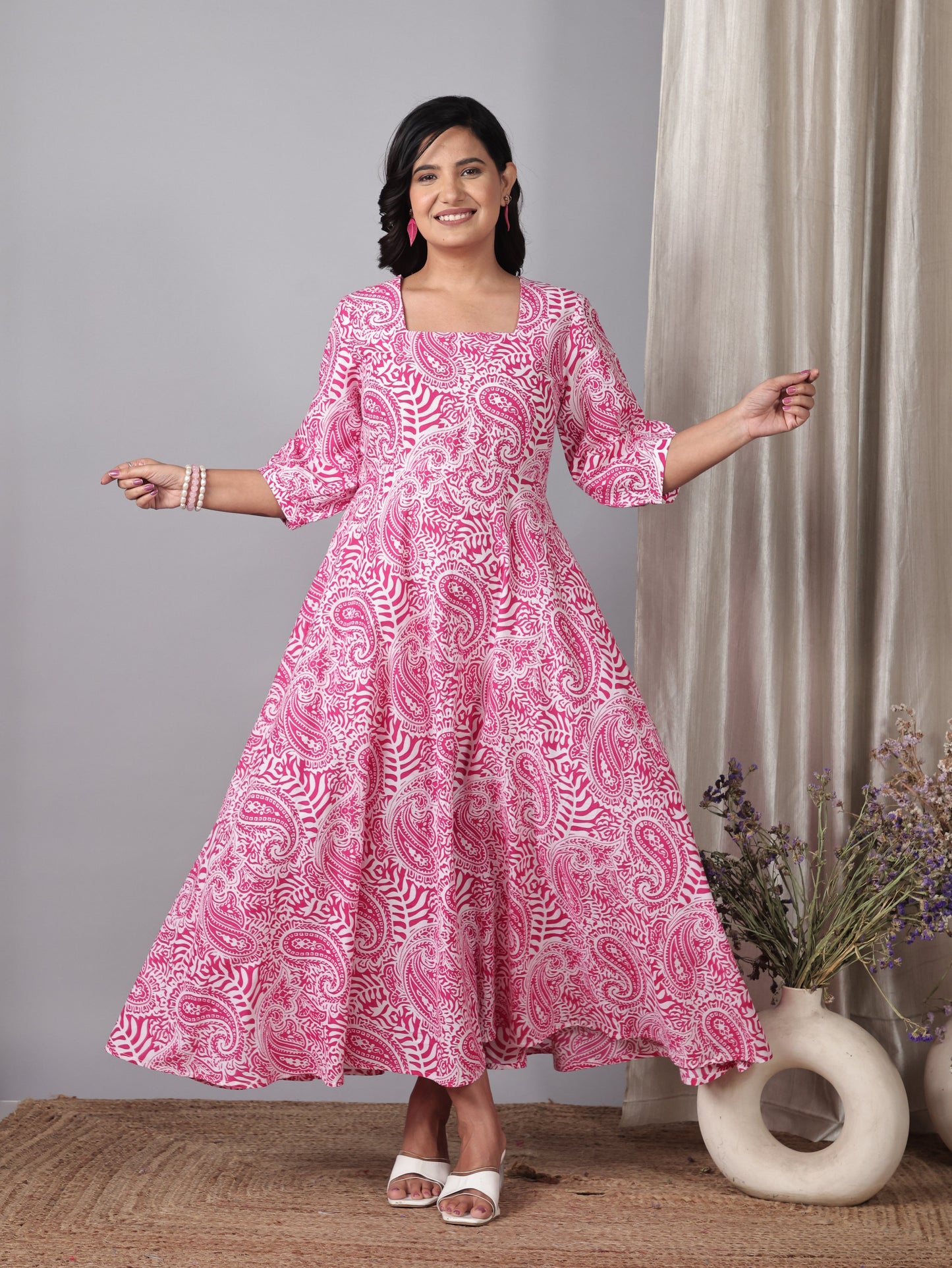 Soft Cotton Paisley Flared Pink Dress