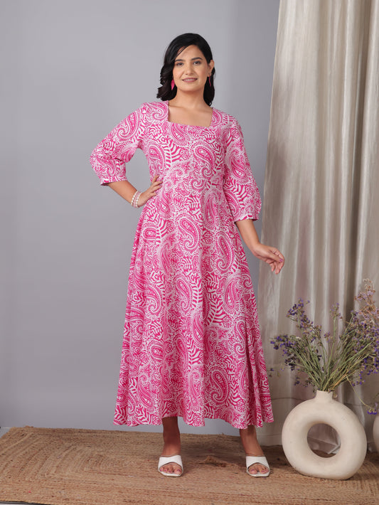 Soft Cotton Paisley Flared Pink Dress