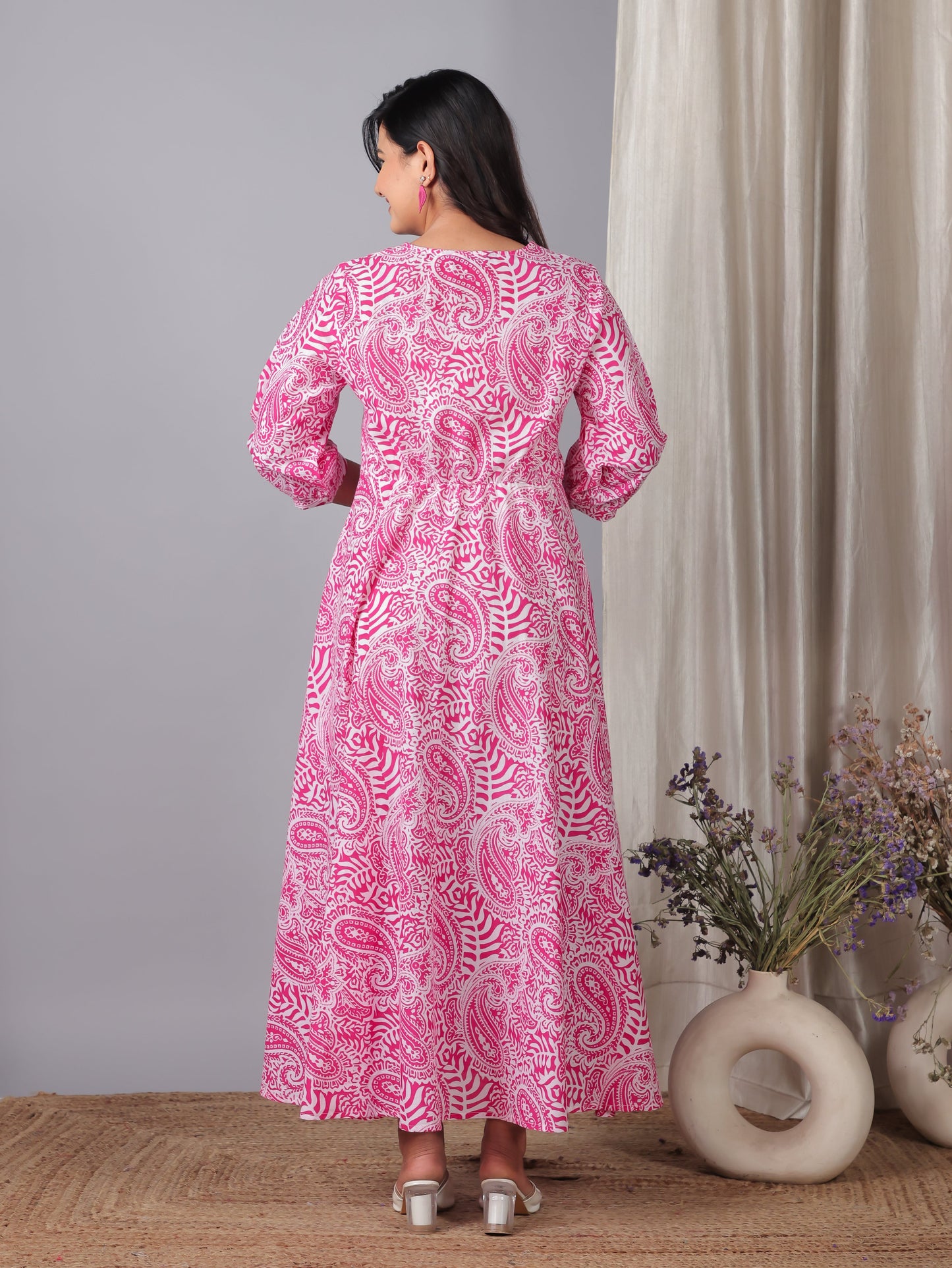 Soft Cotton Paisley Flared Pink Dress