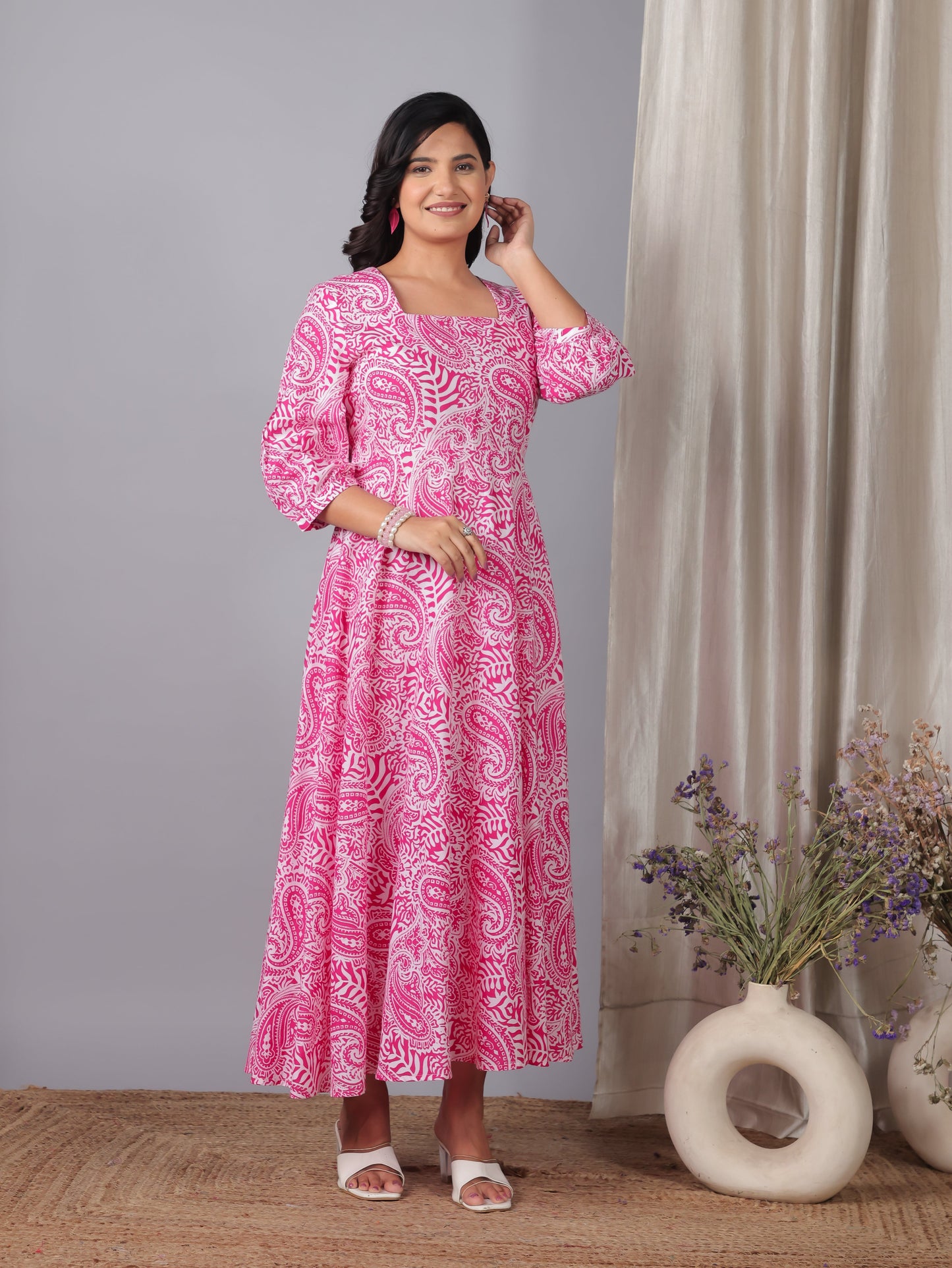 Soft Cotton Paisley Flared Pink Dress
