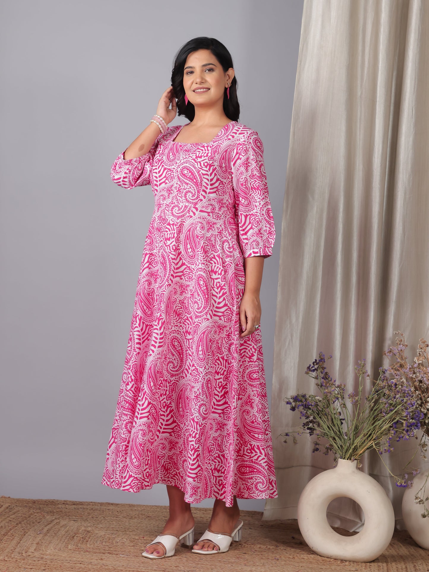 Soft Cotton Paisley Flared Pink Dress