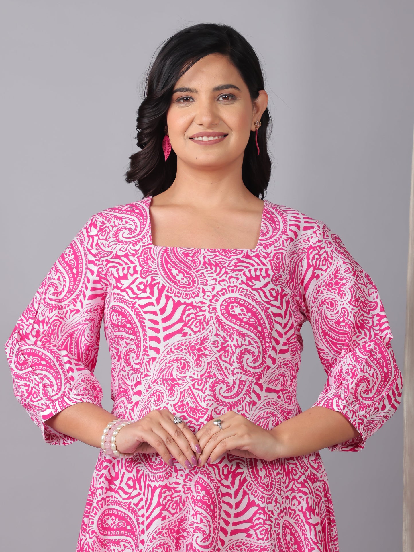 Soft Cotton Paisley Flared Pink Dress