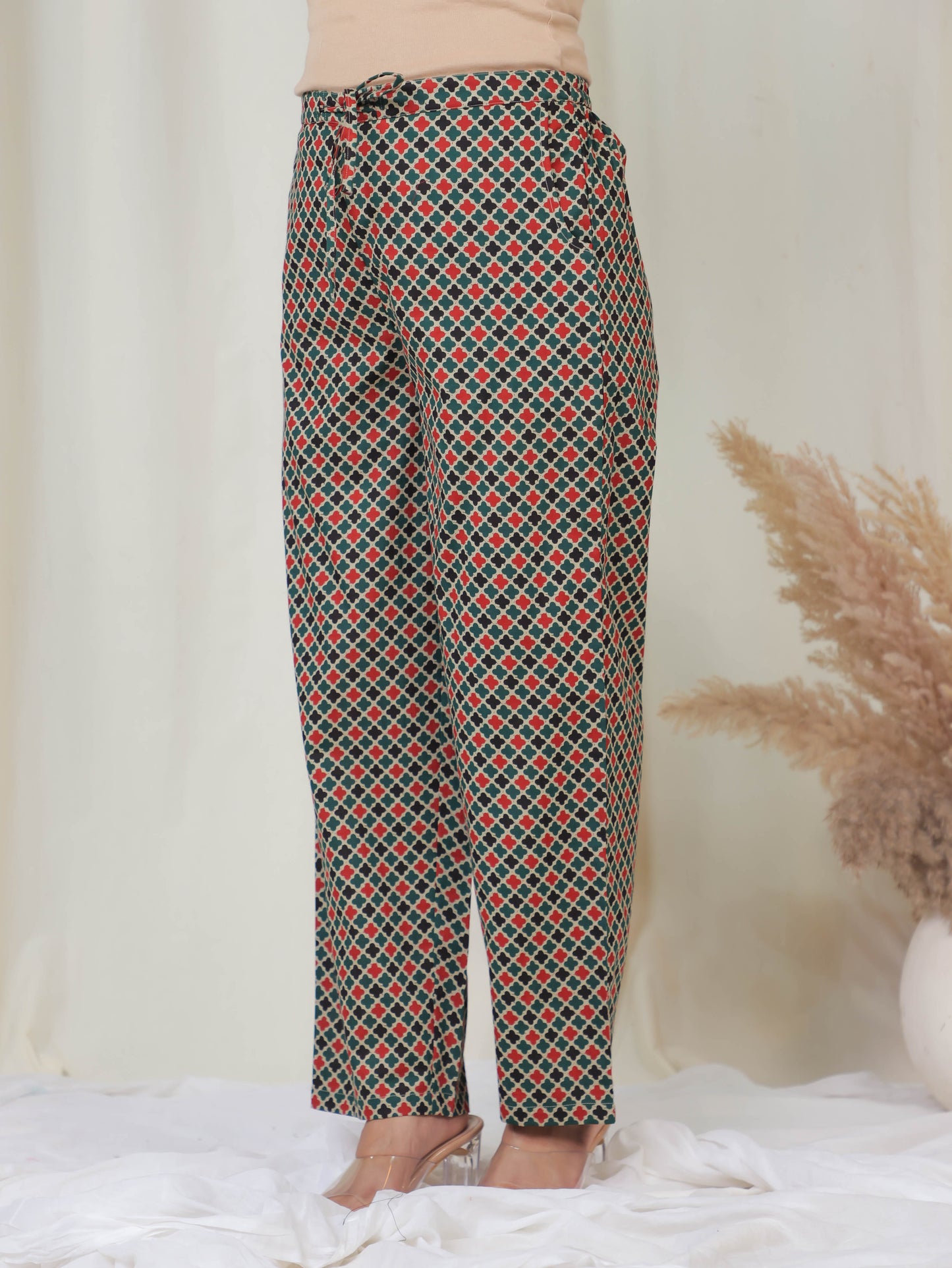 Soft Cotton Geometric Green Straight Trousers