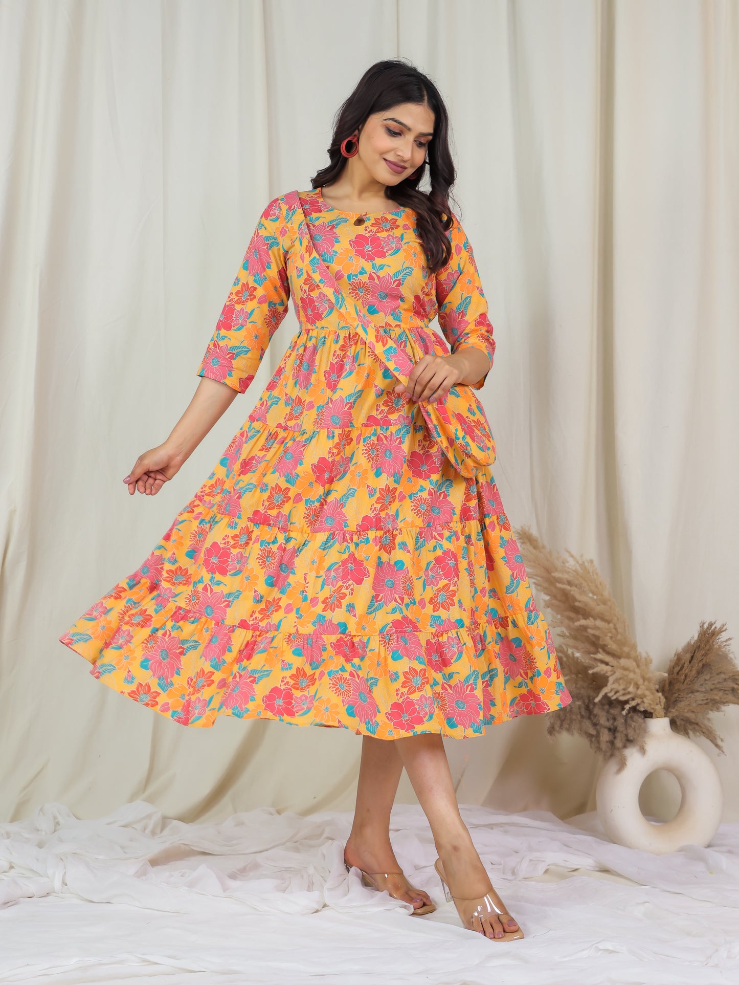 Soft Cotton Floral Anarkali Yellow Dress