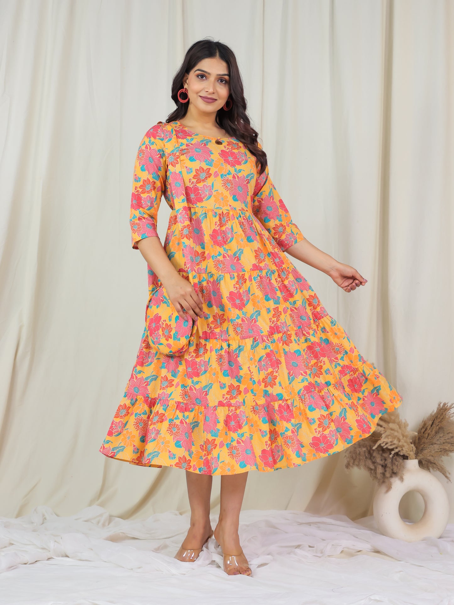 Soft Cotton Floral Anarkali Yellow Dress