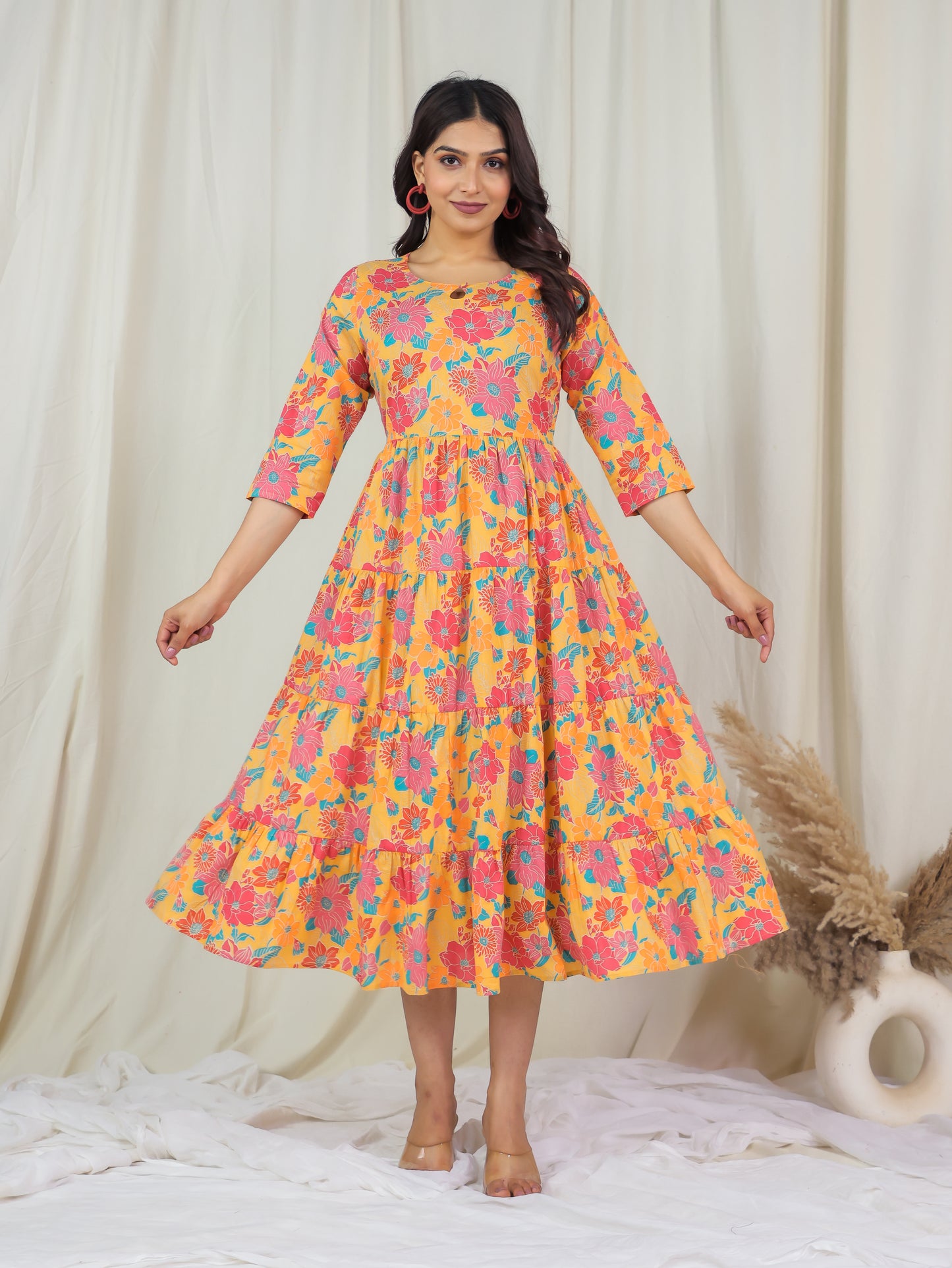 Soft Cotton Floral Anarkali Yellow Dress