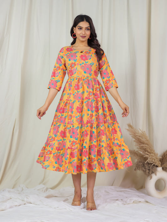 Soft Cotton Floral Anarkali Yellow Dress