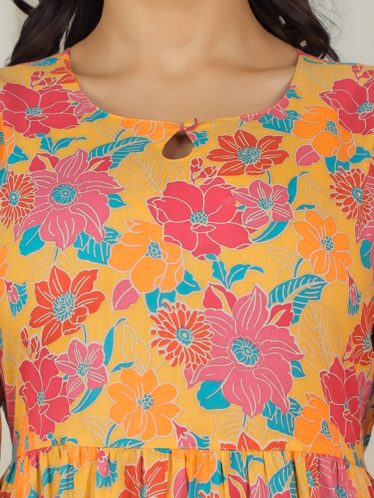 Soft Cotton Floral Anarkali Yellow Dress