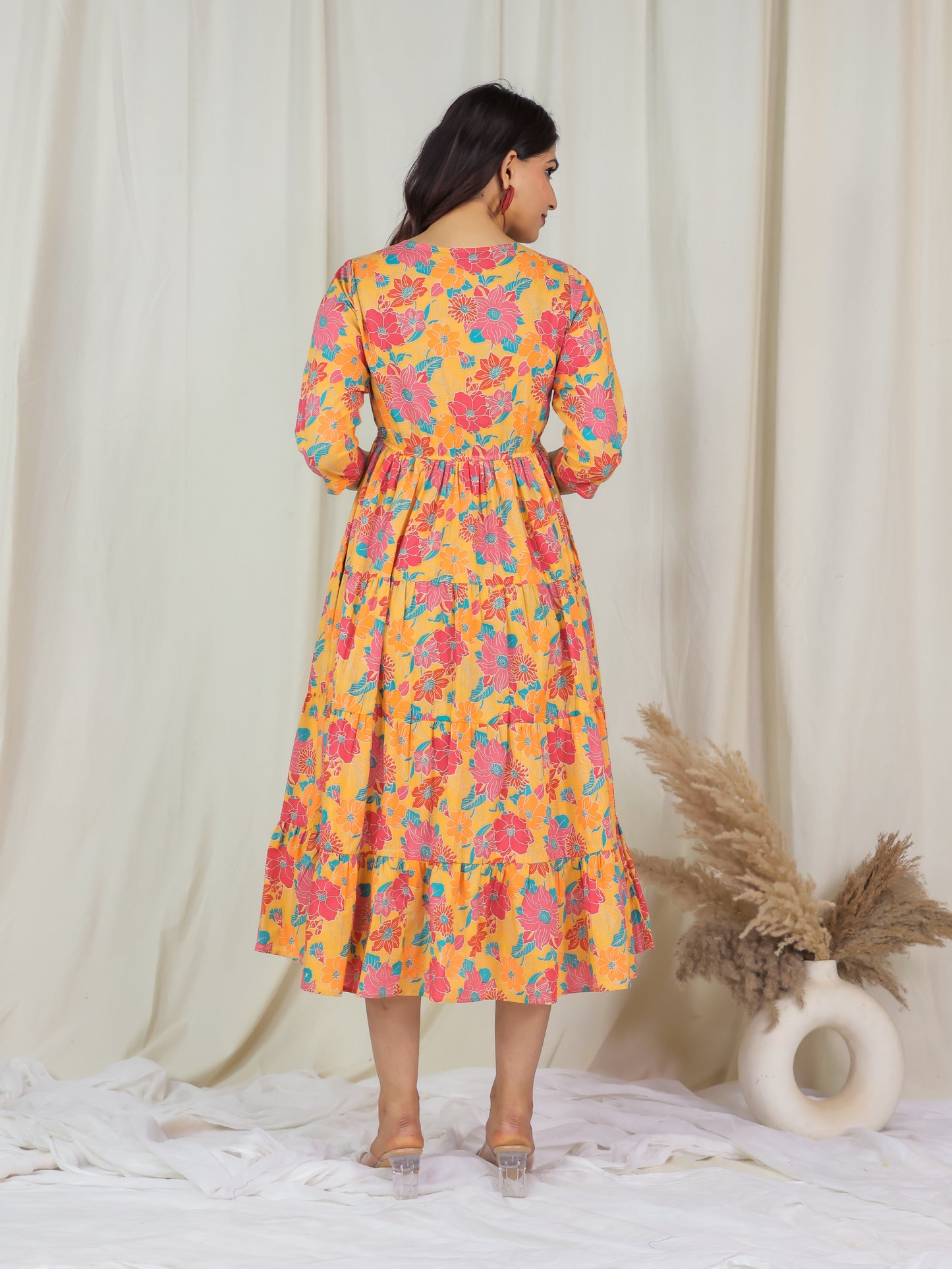 Soft Cotton Floral Anarkali Yellow Dress