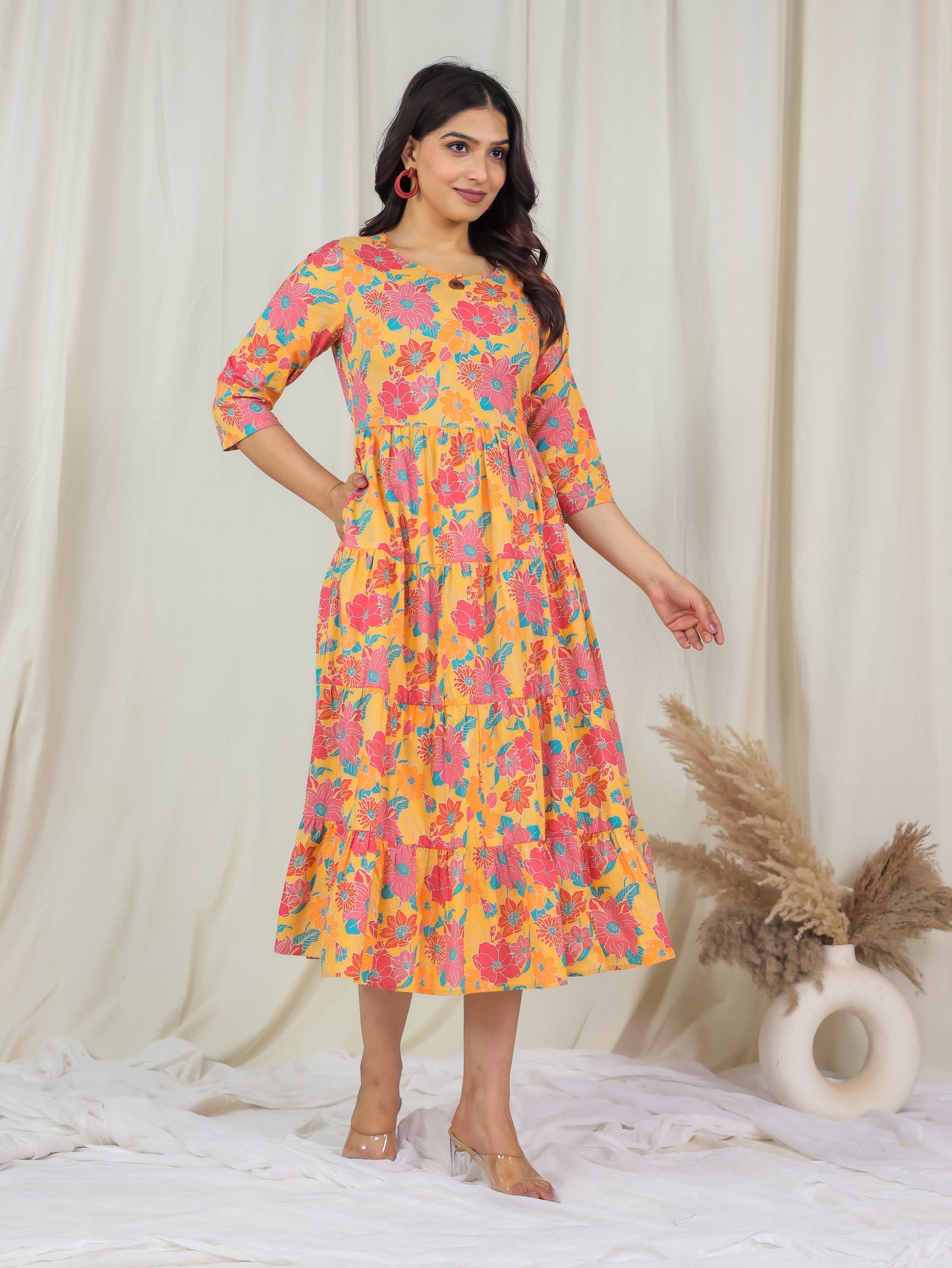 Soft Cotton Floral Anarkali Yellow Dress