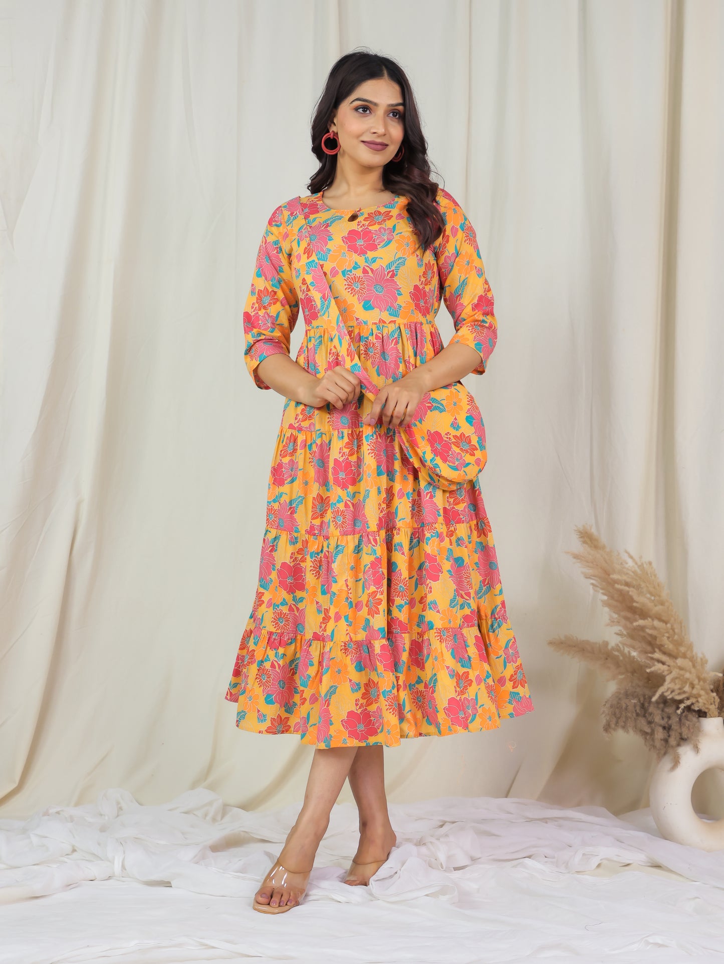 Soft Cotton Floral Anarkali Yellow Dress