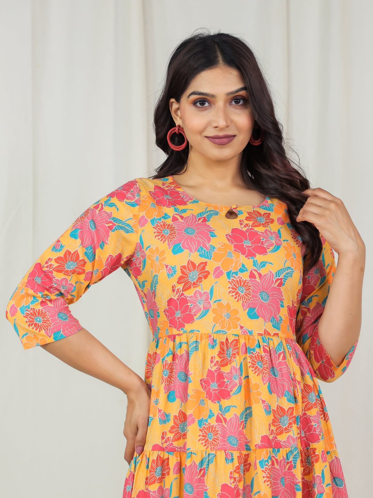 Soft Cotton Floral Anarkali Yellow Dress