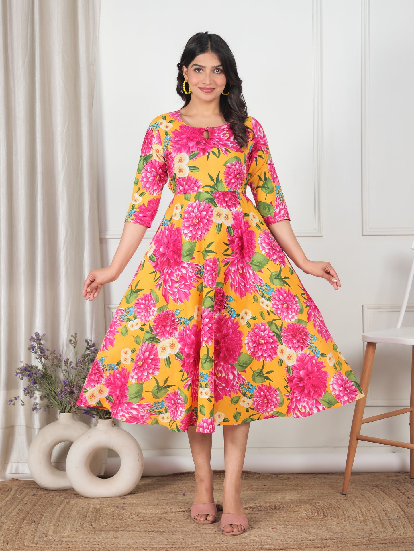 Soft Cotton Floral Anarkali Yellow Dress