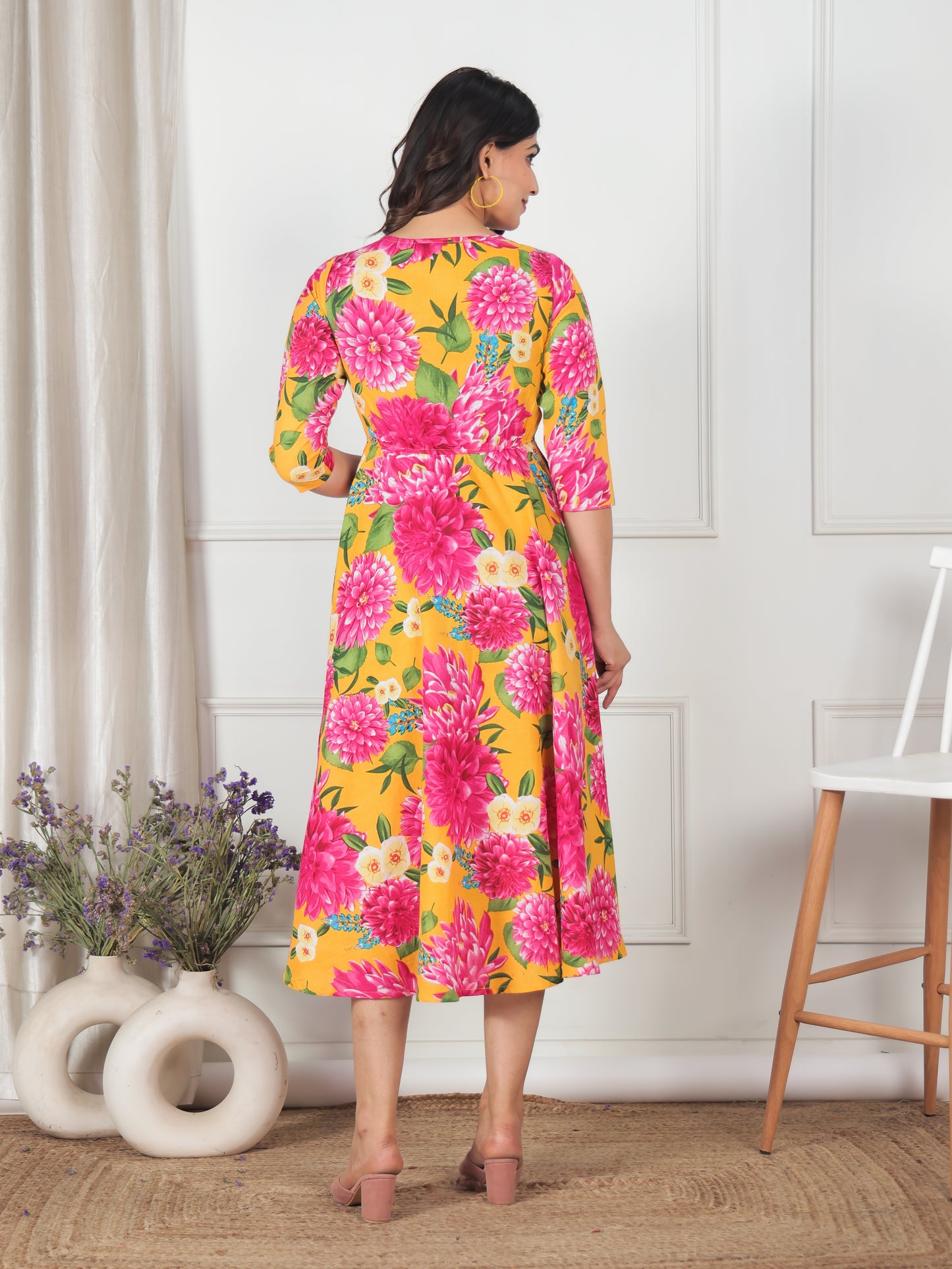 Soft Cotton Floral Anarkali Yellow Dress