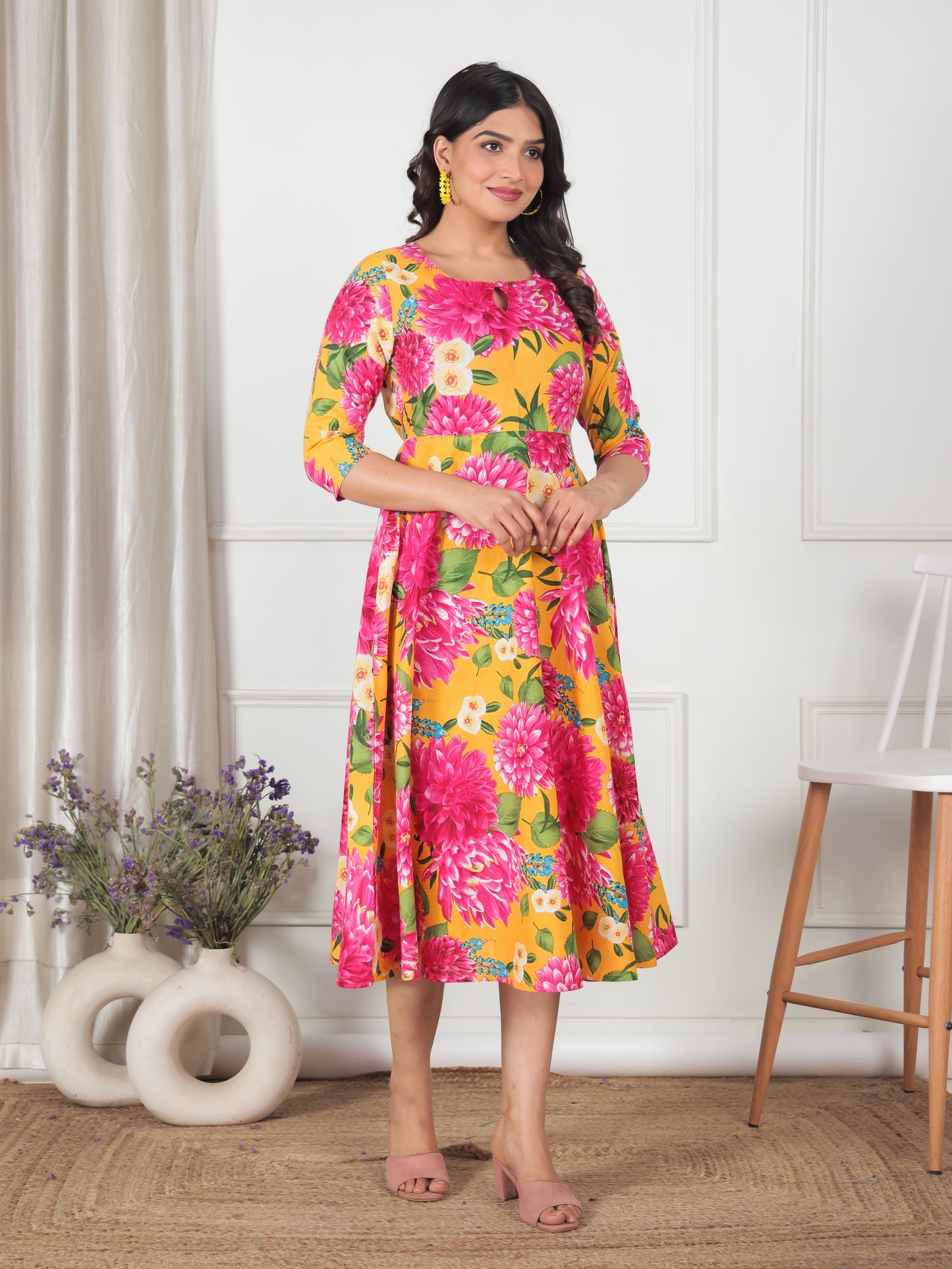 Soft Cotton Floral Anarkali Yellow Dress
