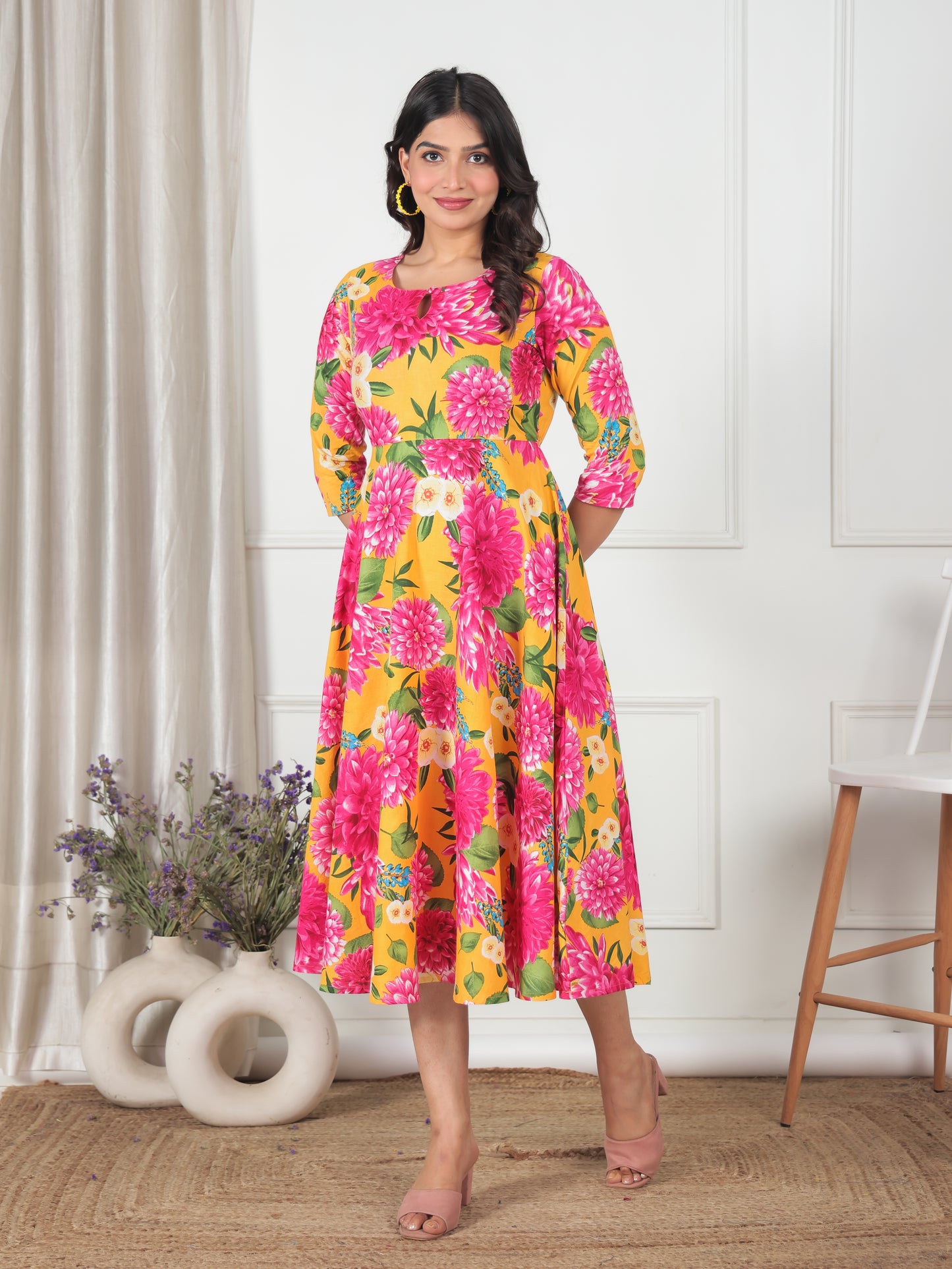 Soft Cotton Floral Anarkali Yellow Dress