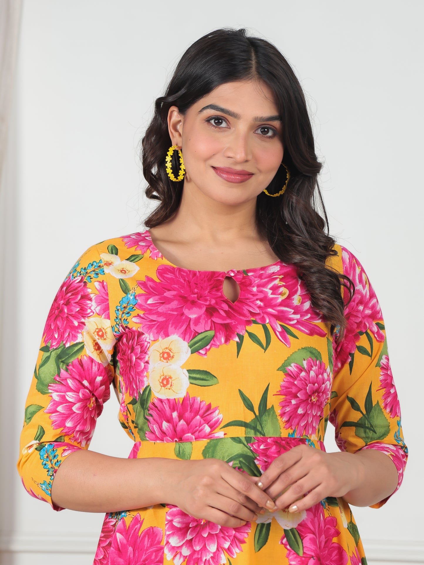 Soft Cotton Floral Anarkali Yellow Dress