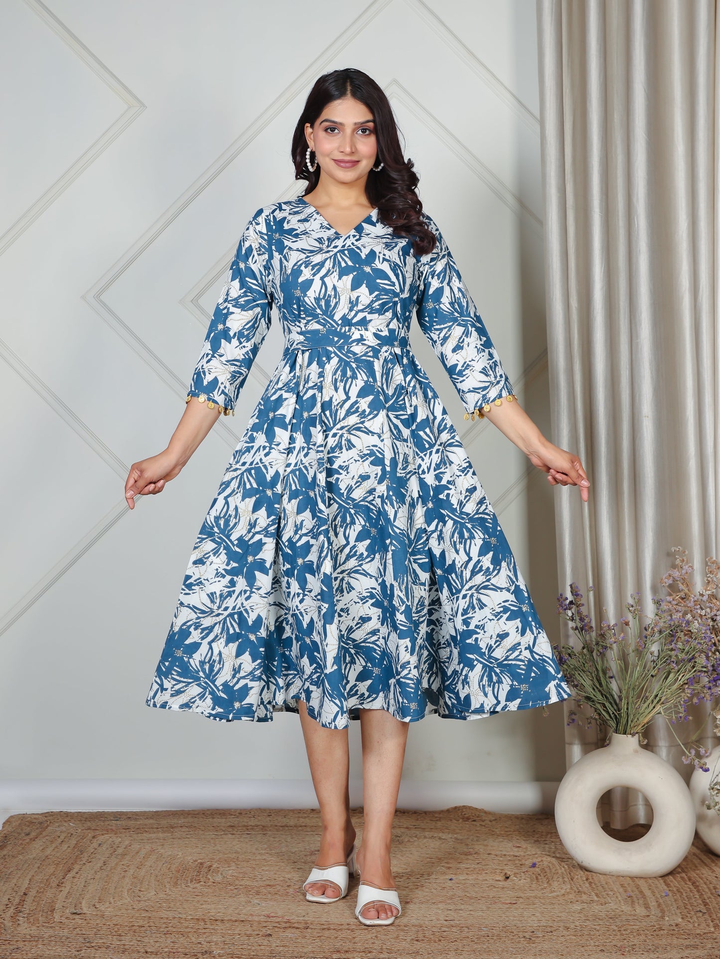 Soft Cotton Floral Flared Blue Dress