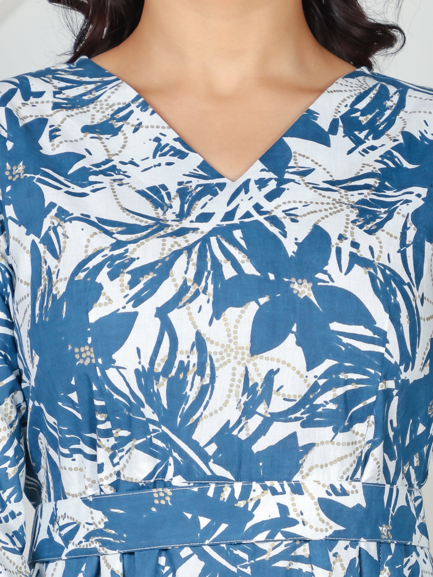 Soft Cotton Floral Flared Blue Dress