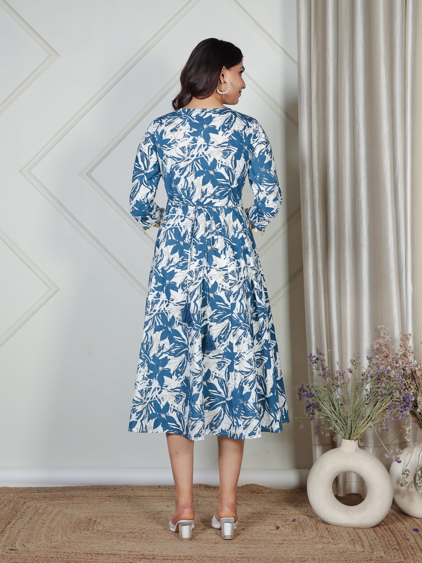 Soft Cotton Floral Flared Blue Dress