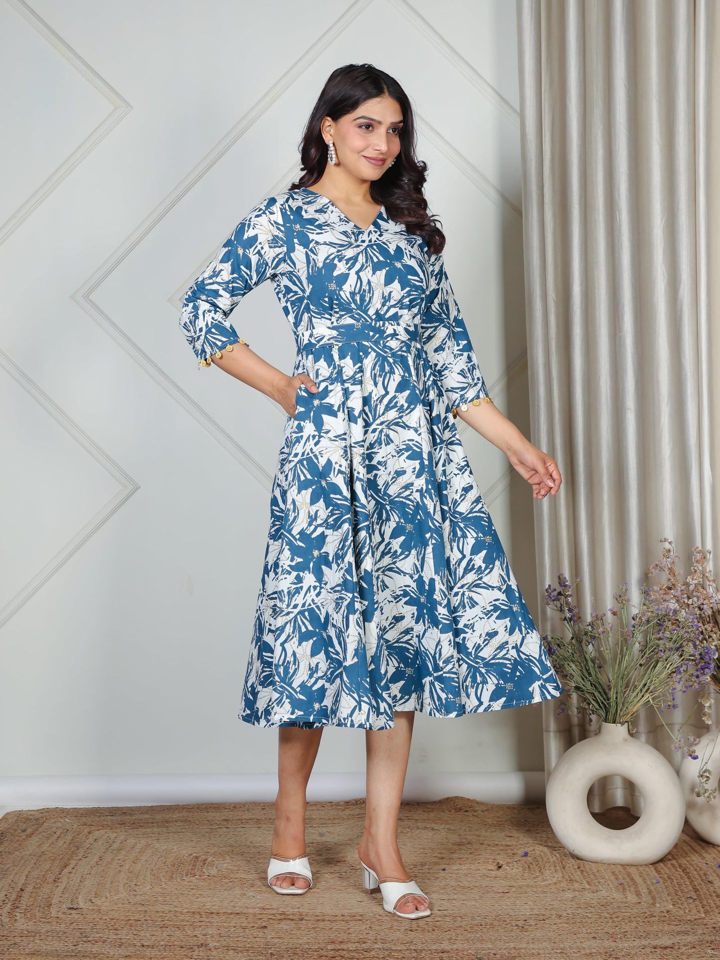 Soft Cotton Floral Flared Blue Dress