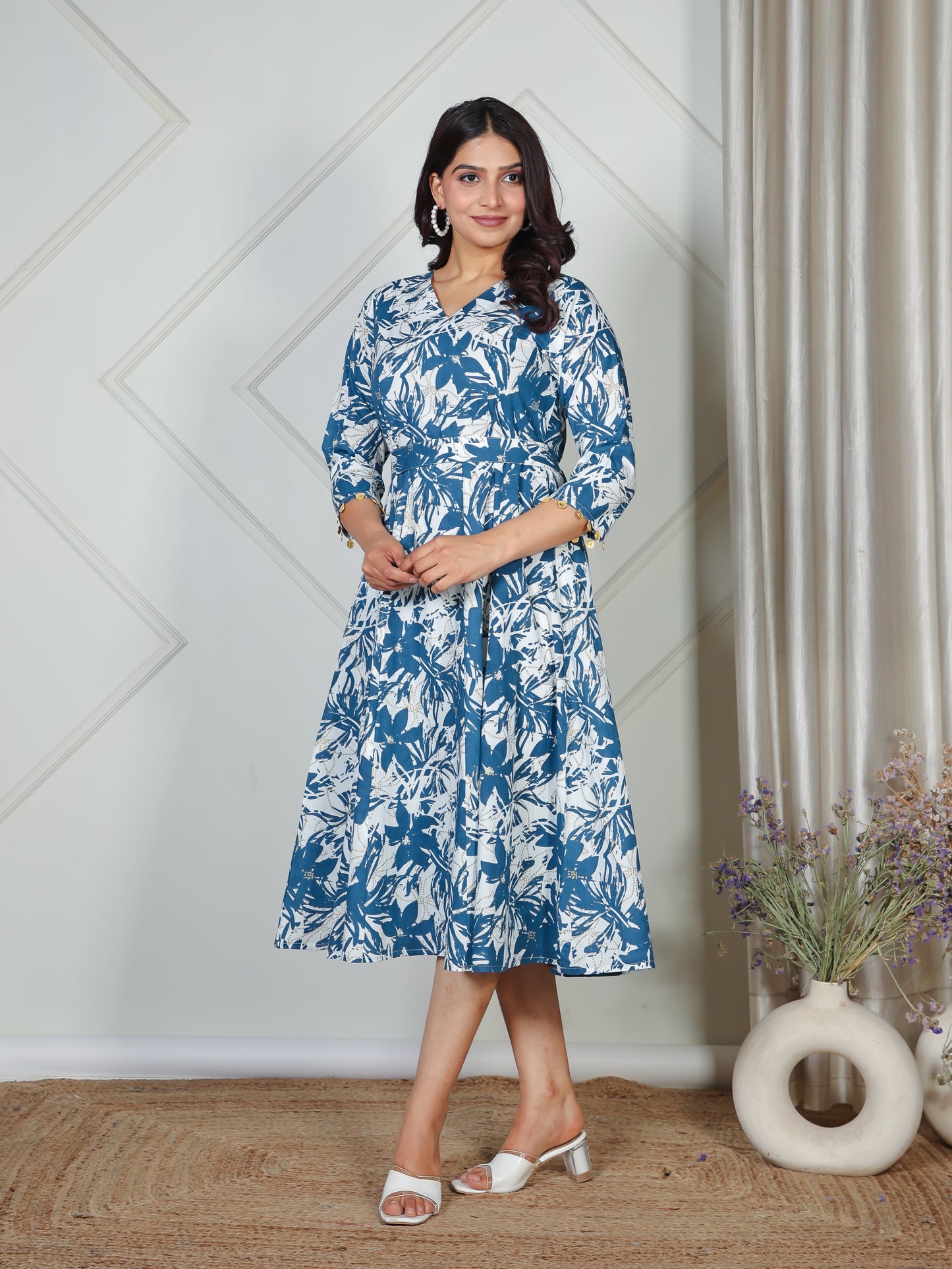 Soft Cotton Floral Flared Blue Dress
