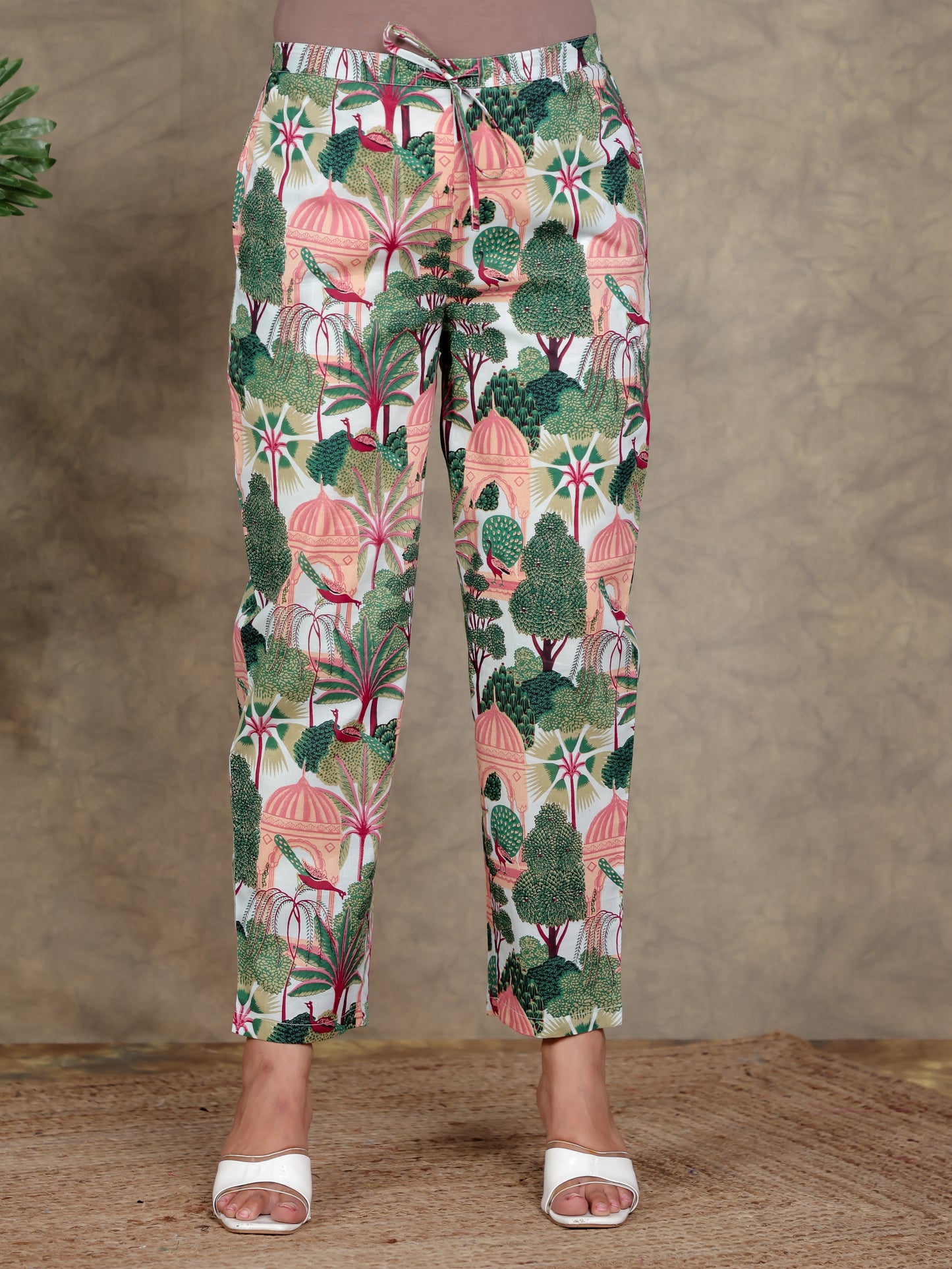 Soft Cotton Abstract Green Tapered Trousers