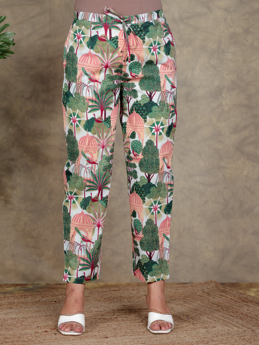 Soft Cotton Abstract Green Tapered Trousers