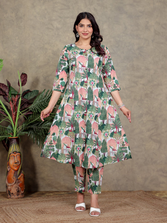 Soft Cotton Abstract A-line Green Kurta