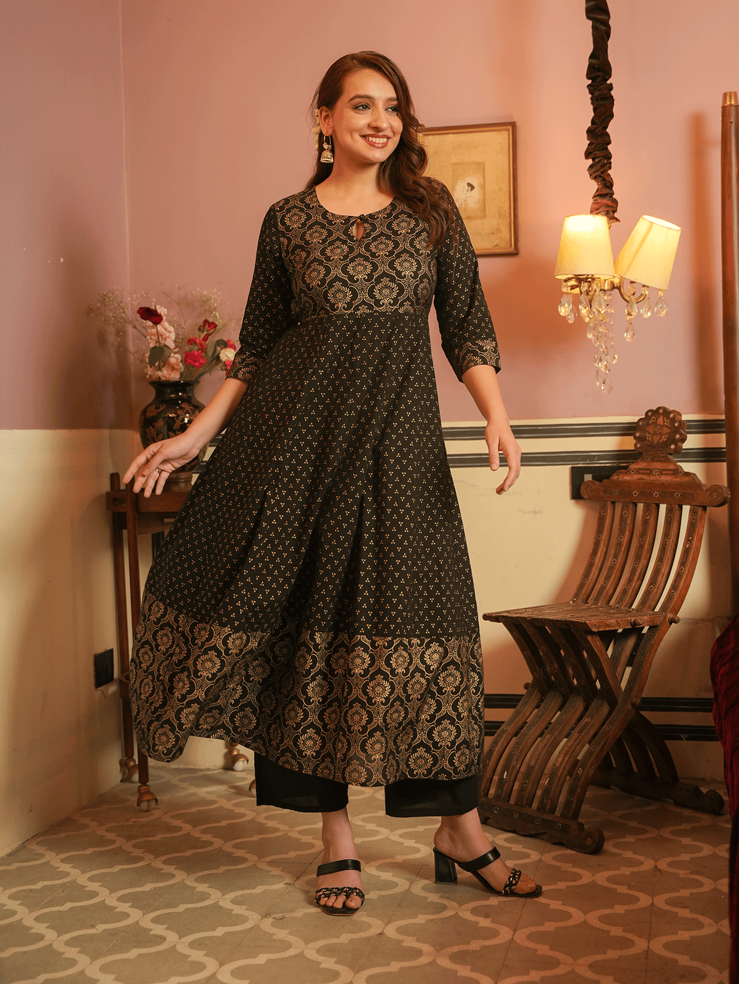 Soft Cotton Gold foil Anarkali Black Kurta