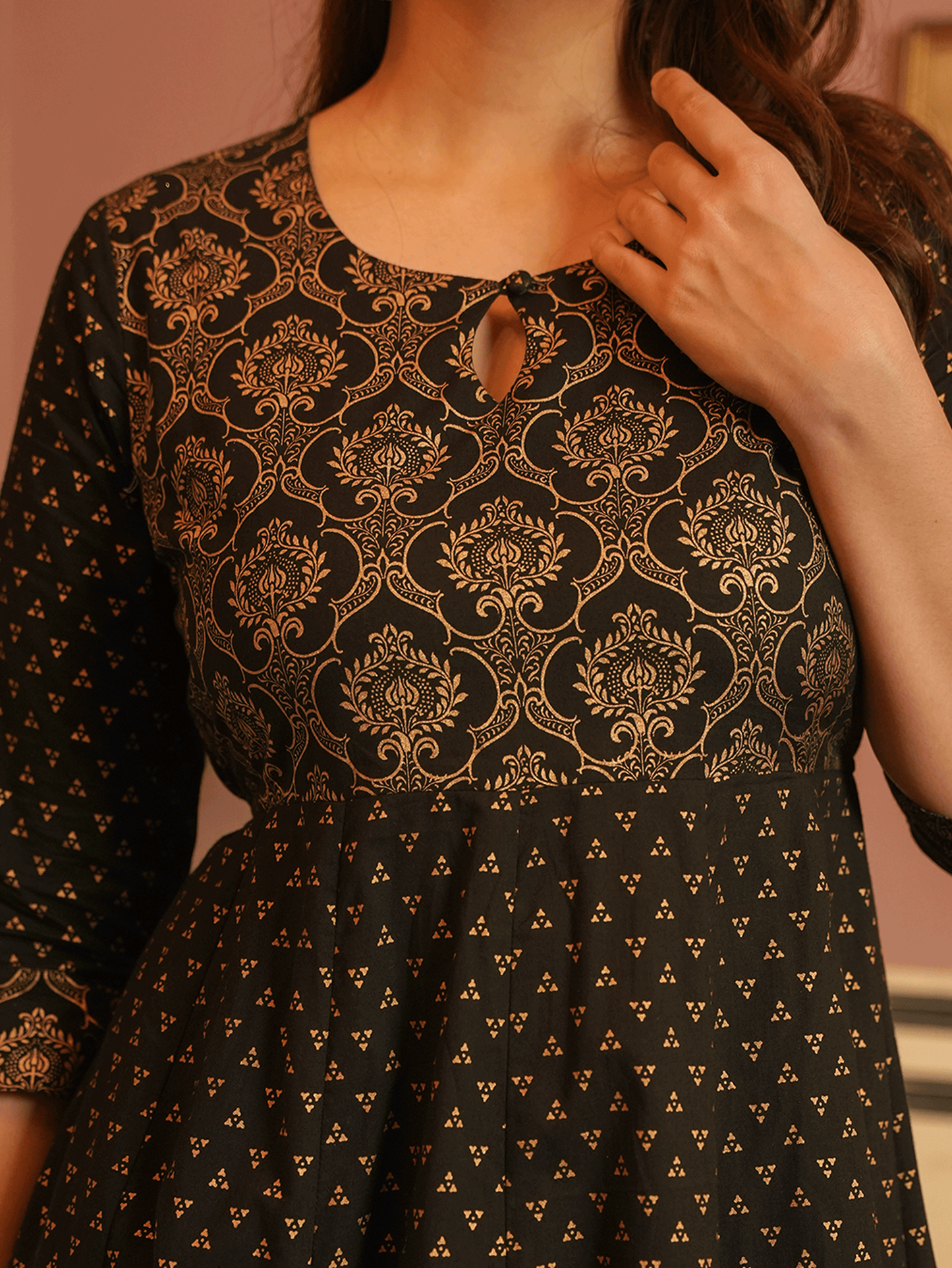Soft Cotton Gold foil Anarkali Black Kurta