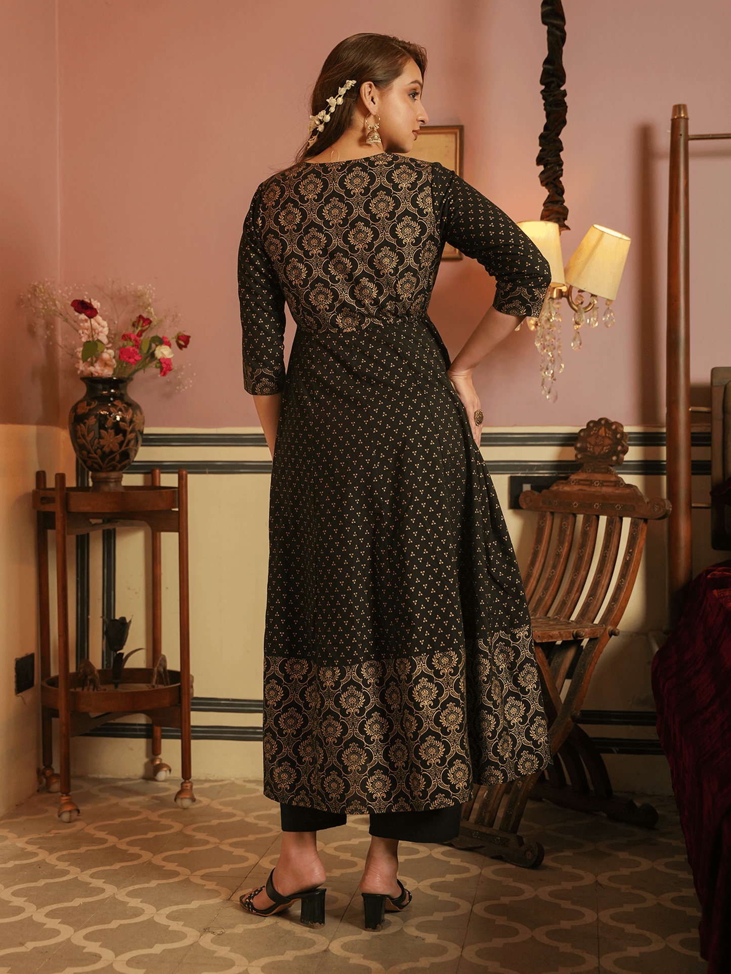 Soft Cotton Gold foil Anarkali Black Kurta