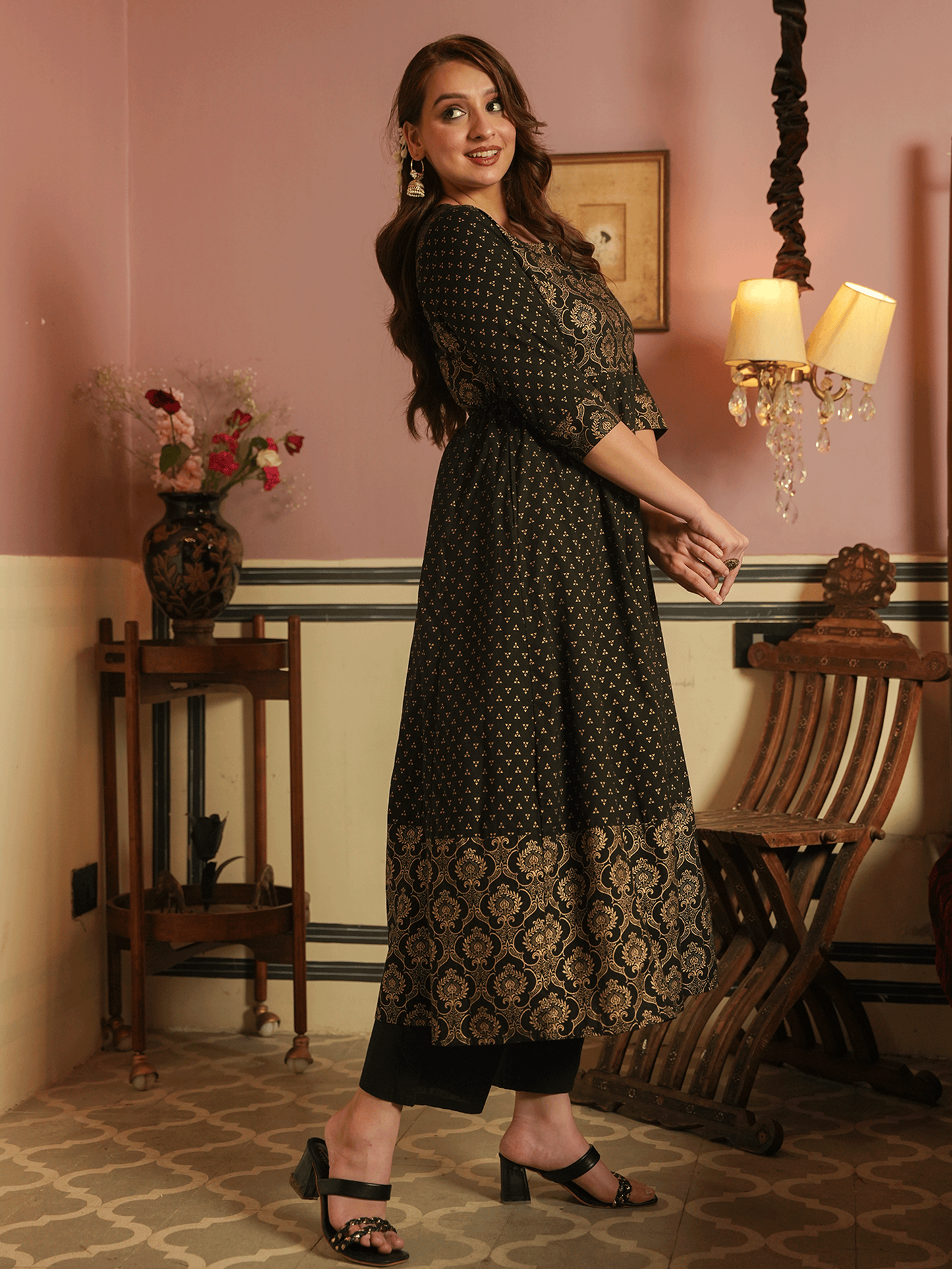Soft Cotton Gold foil Anarkali Black Kurta
