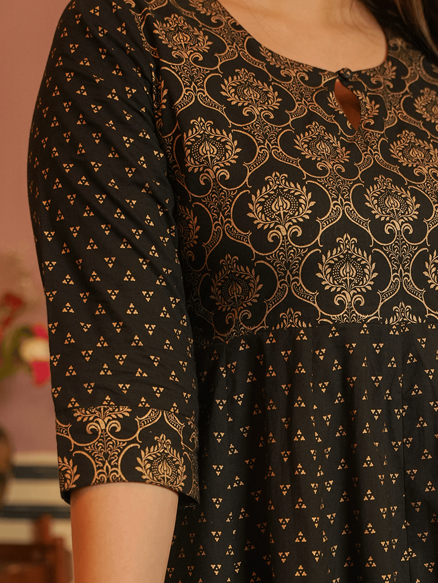 Soft Cotton Gold foil Anarkali Black Kurta