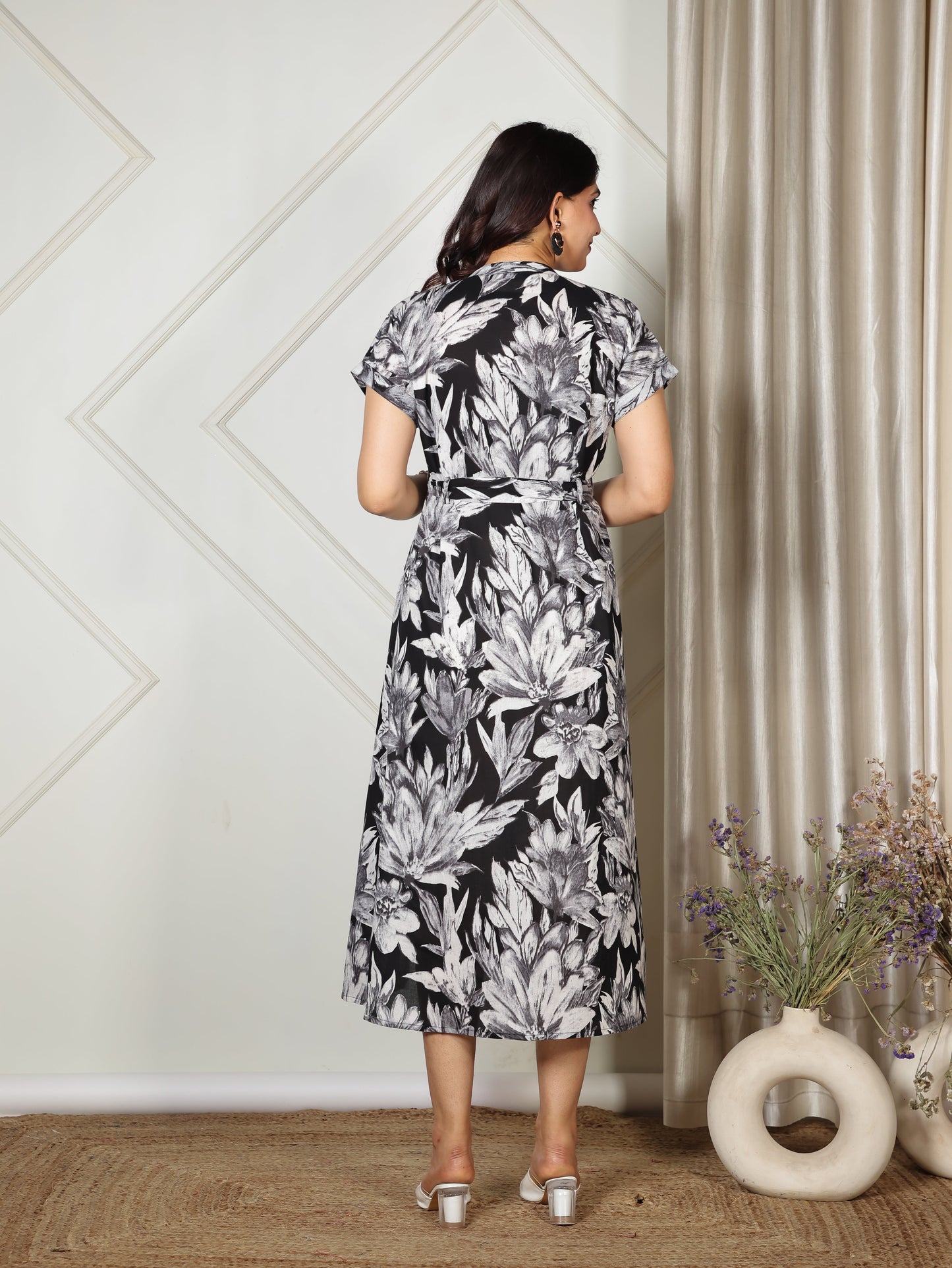 Soft Cotton Floral A-line Black Dress