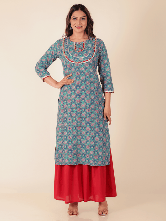Soft Cotton Floral Straight green Kurta