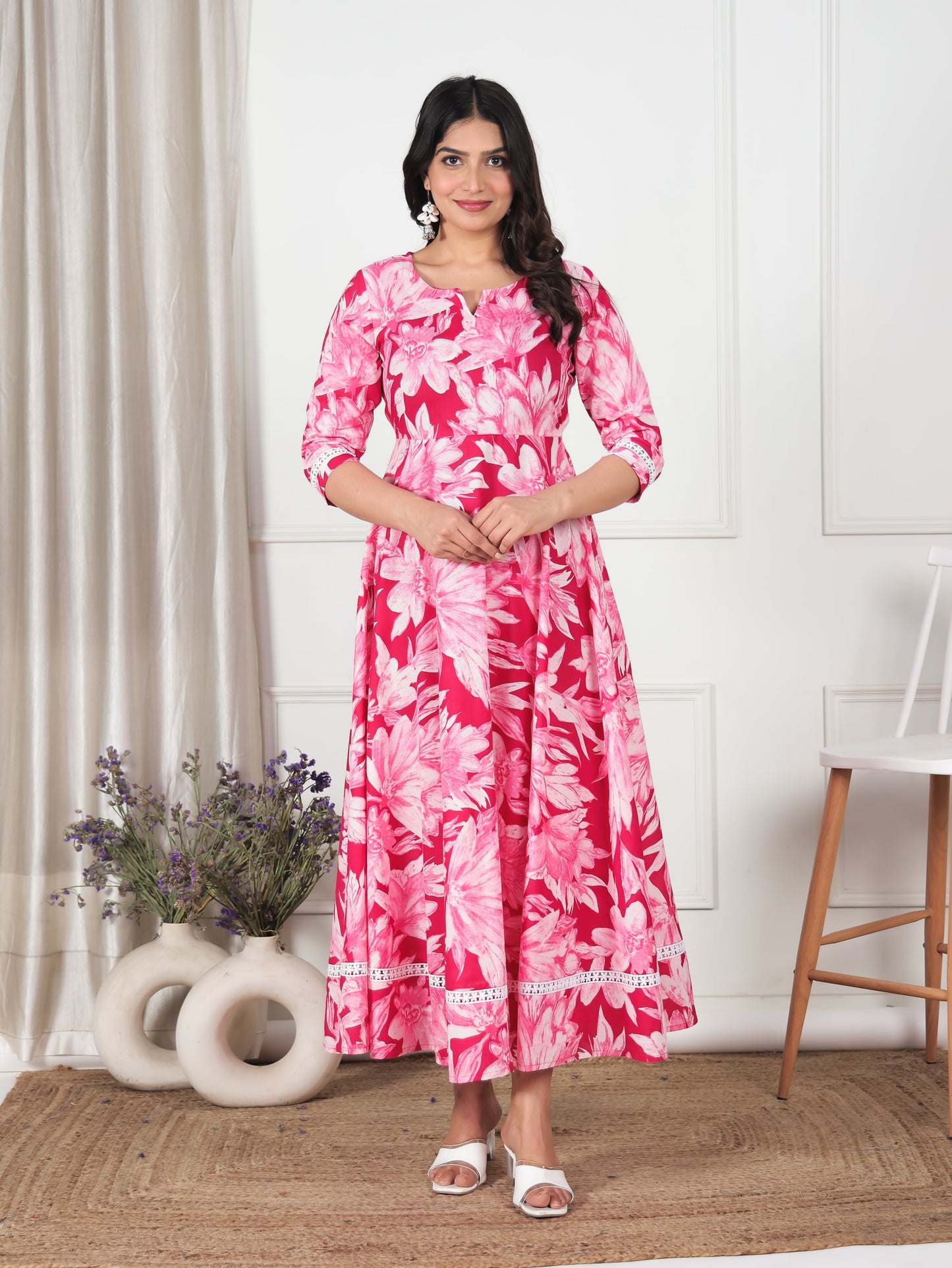 Soft Cotton Floral Anarkali Pink Dress