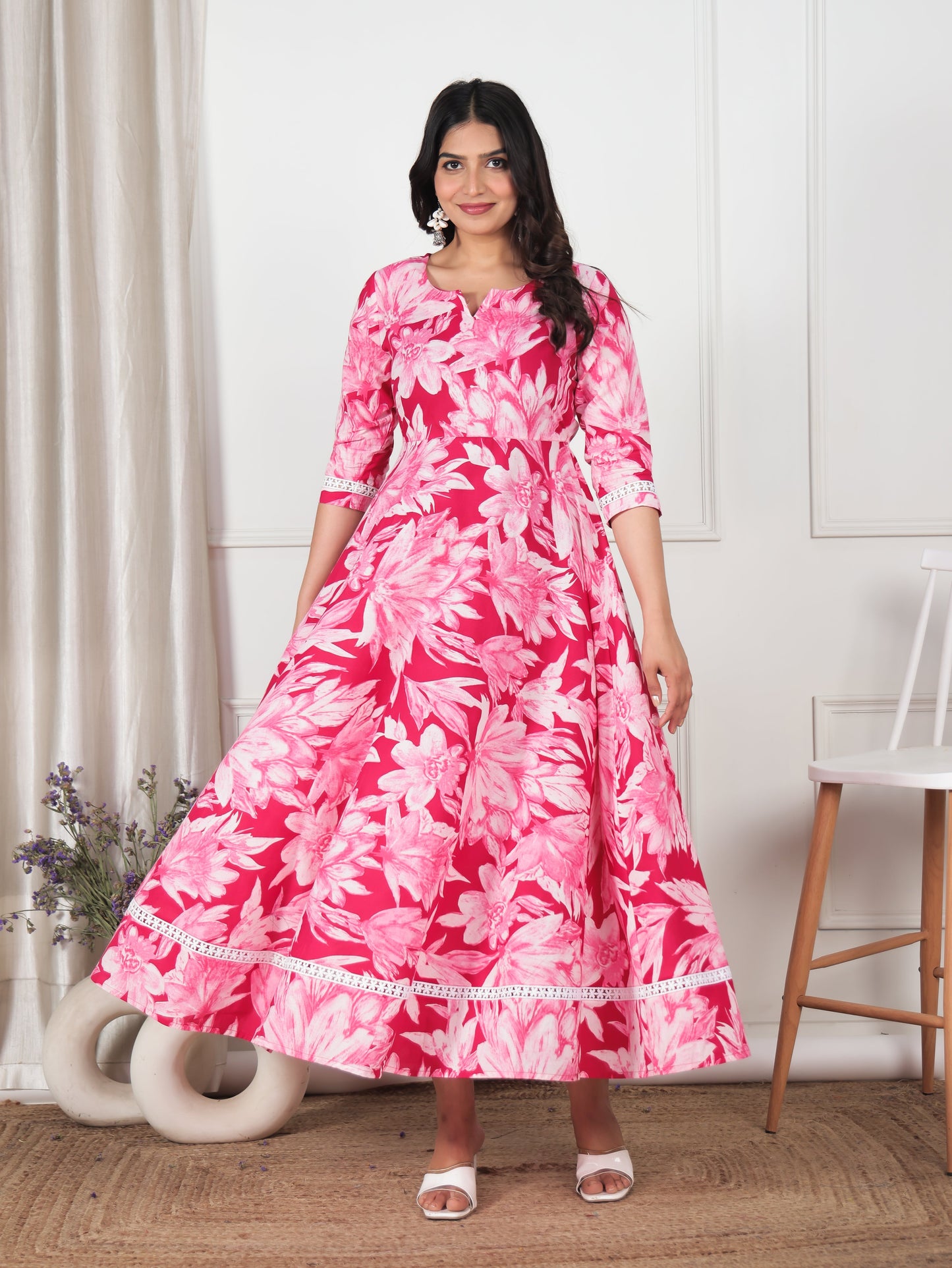 Soft Cotton Floral Anarkali Pink Dress