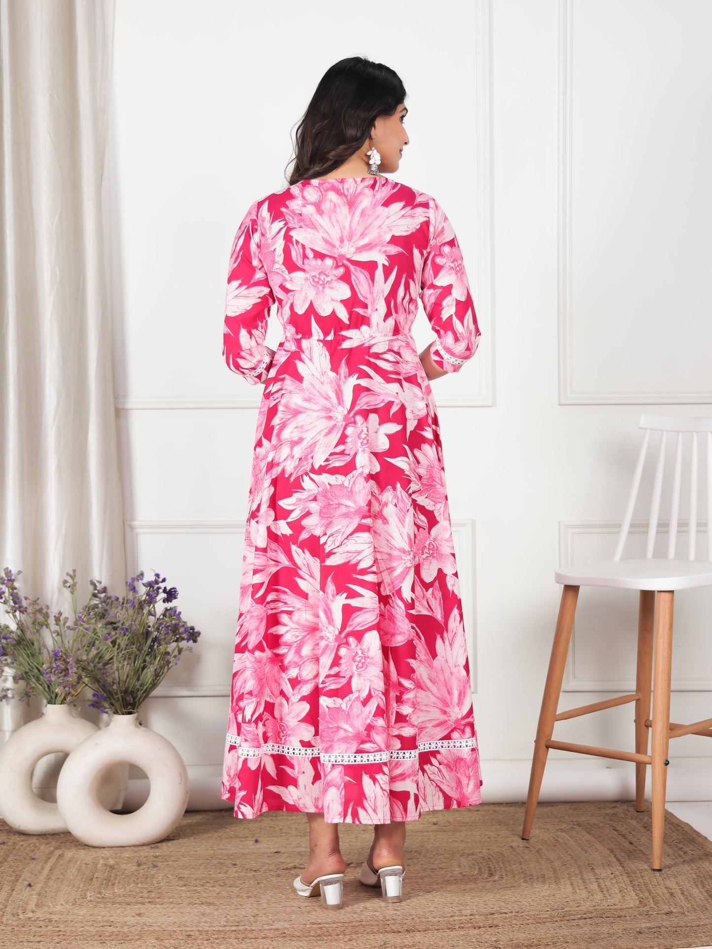Soft Cotton Floral Anarkali Pink Dress
