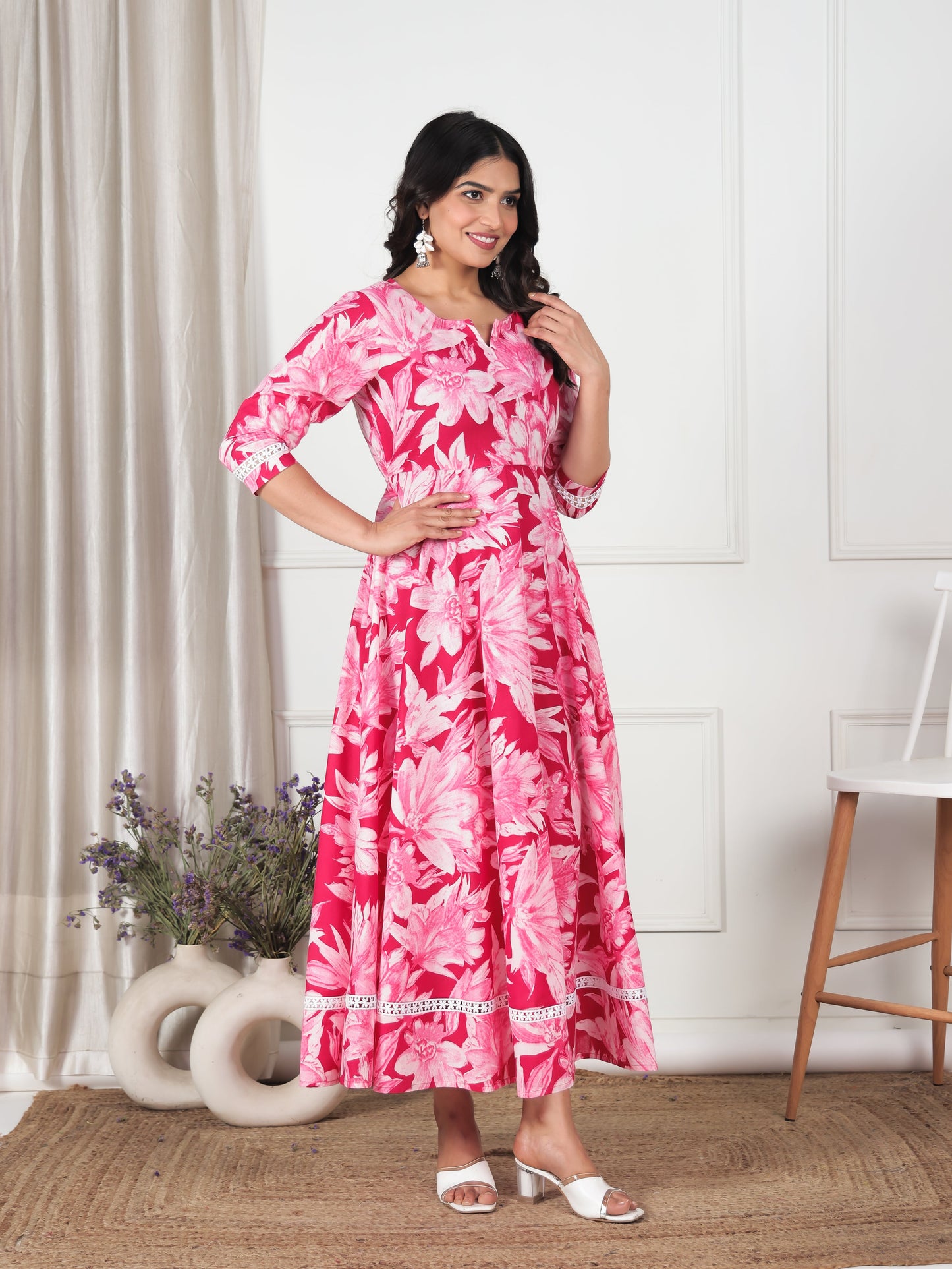 Soft Cotton Floral Anarkali Pink Dress