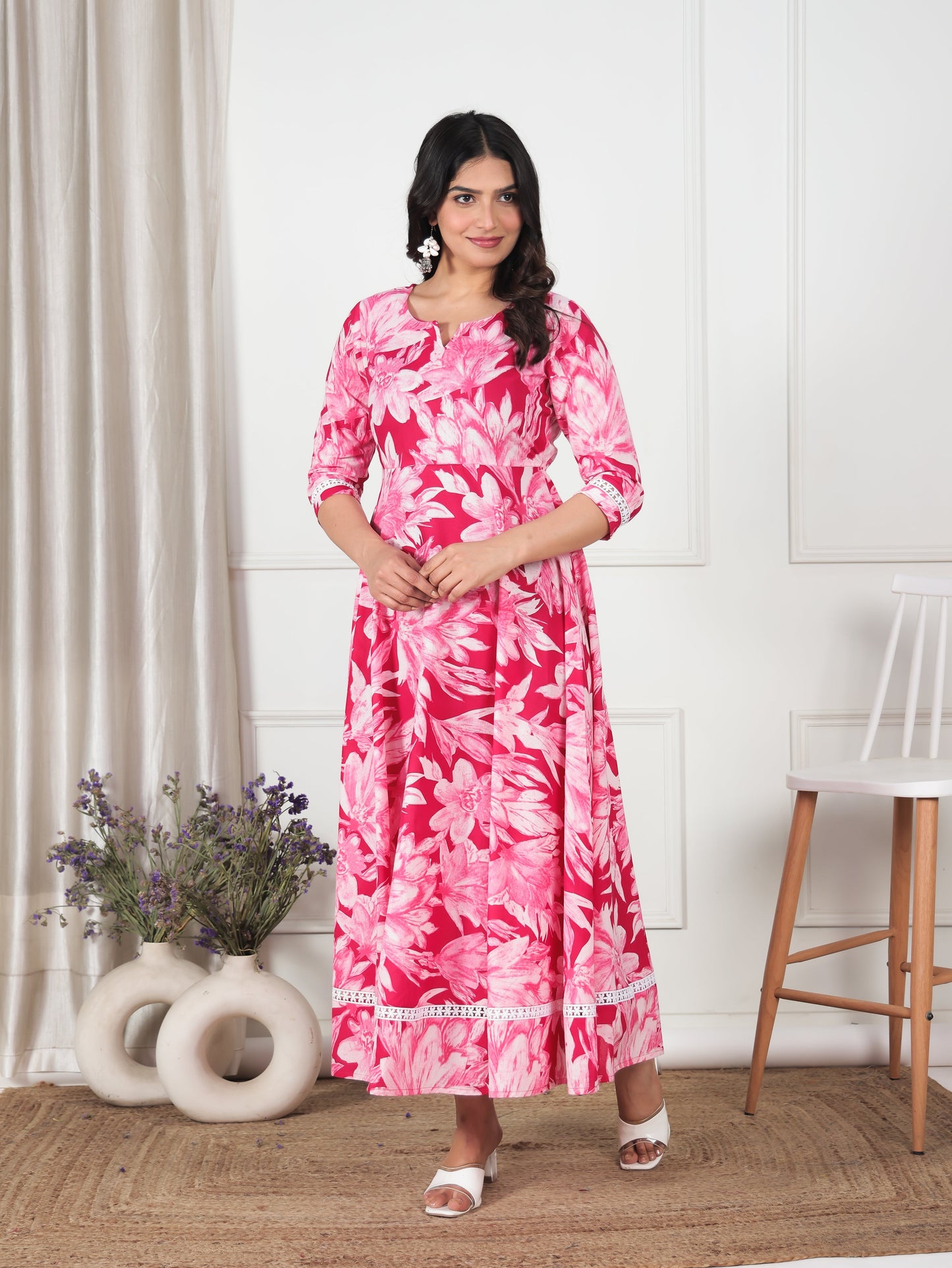 Soft Cotton Floral Anarkali Pink Dress