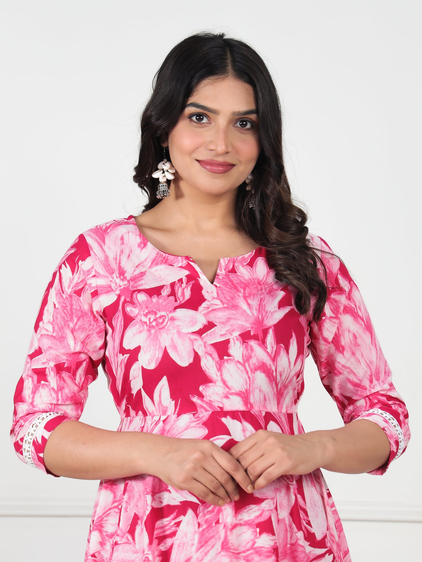 Soft Cotton Floral Anarkali Pink Dress