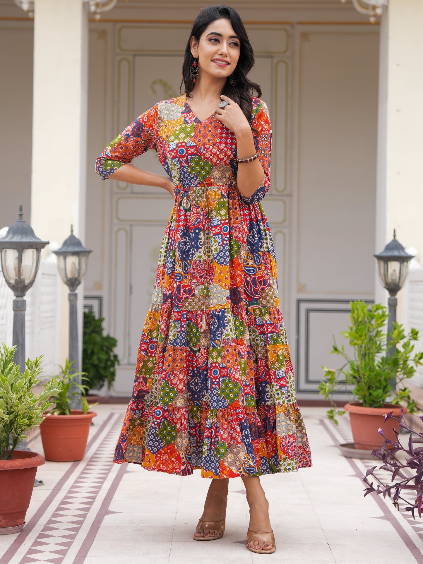 Soft Cotton Patchwork Flared Multicolor Dress