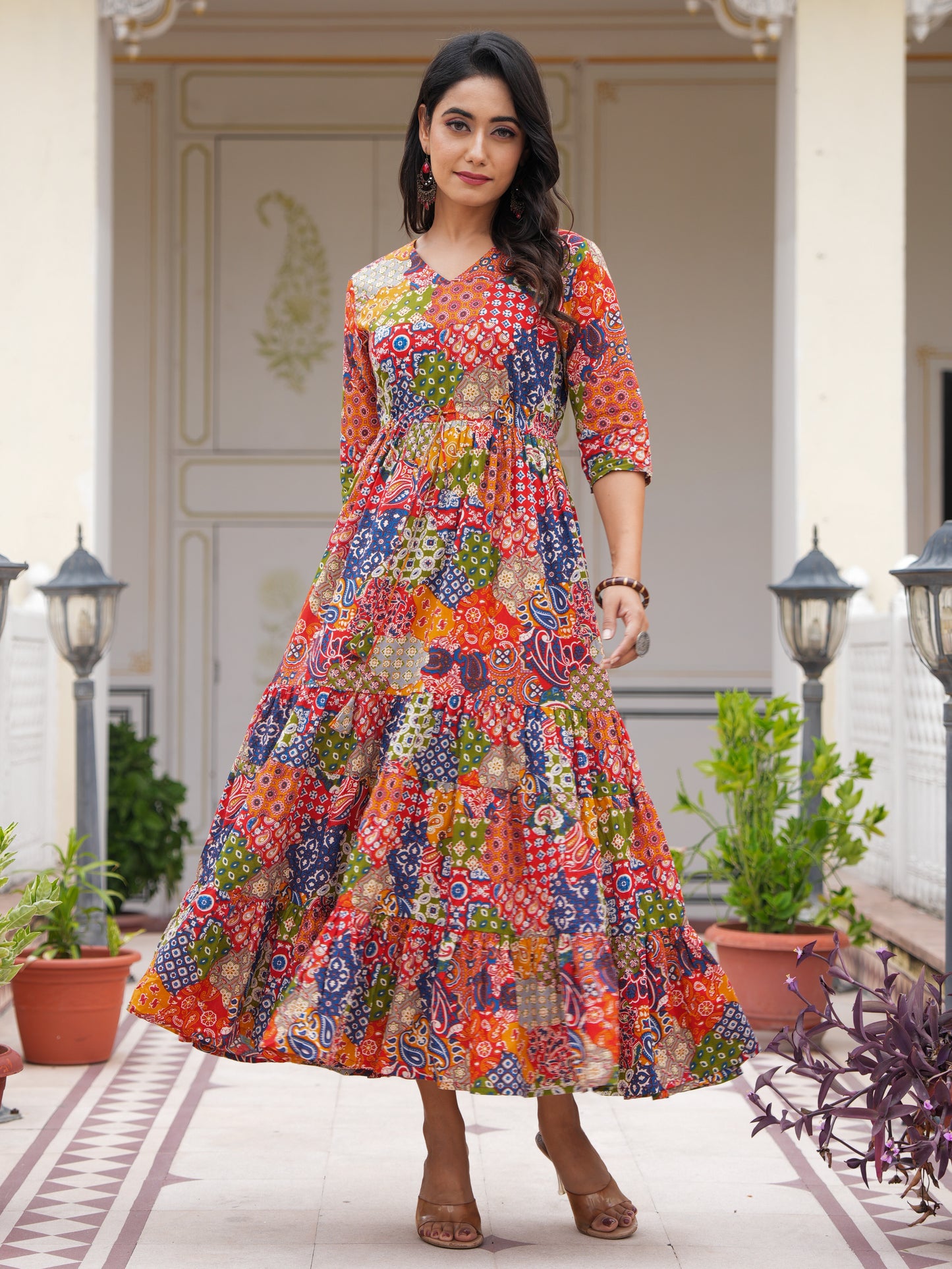 Soft Cotton Patchwork Flared Multicolor Dress