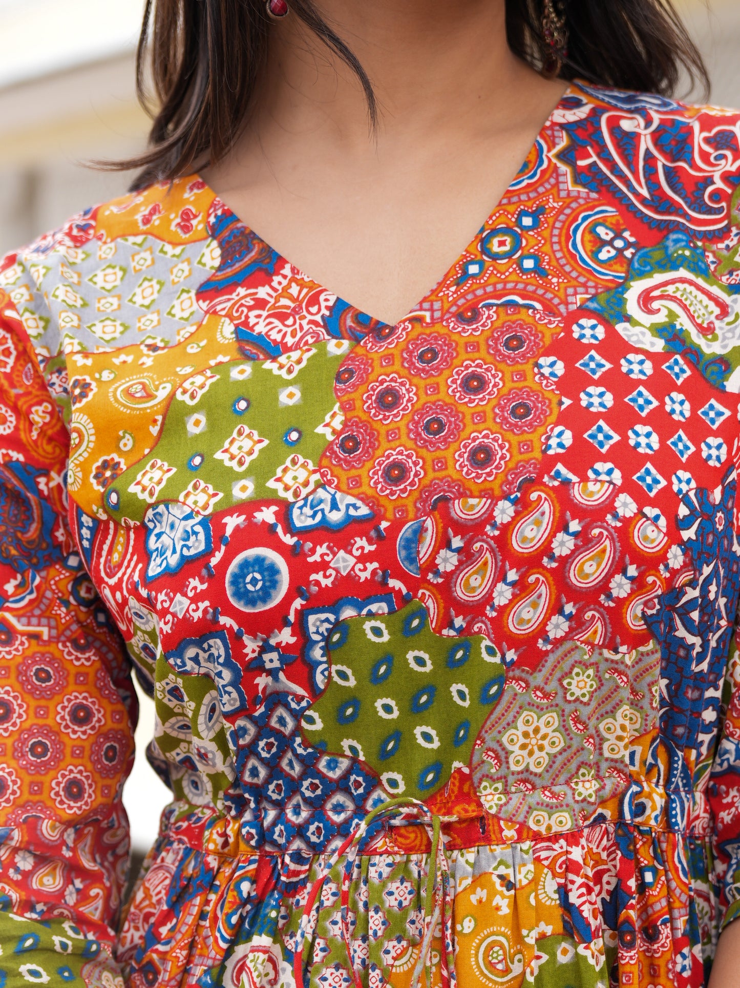 Soft Cotton Patchwork Flared Multicolor Dress